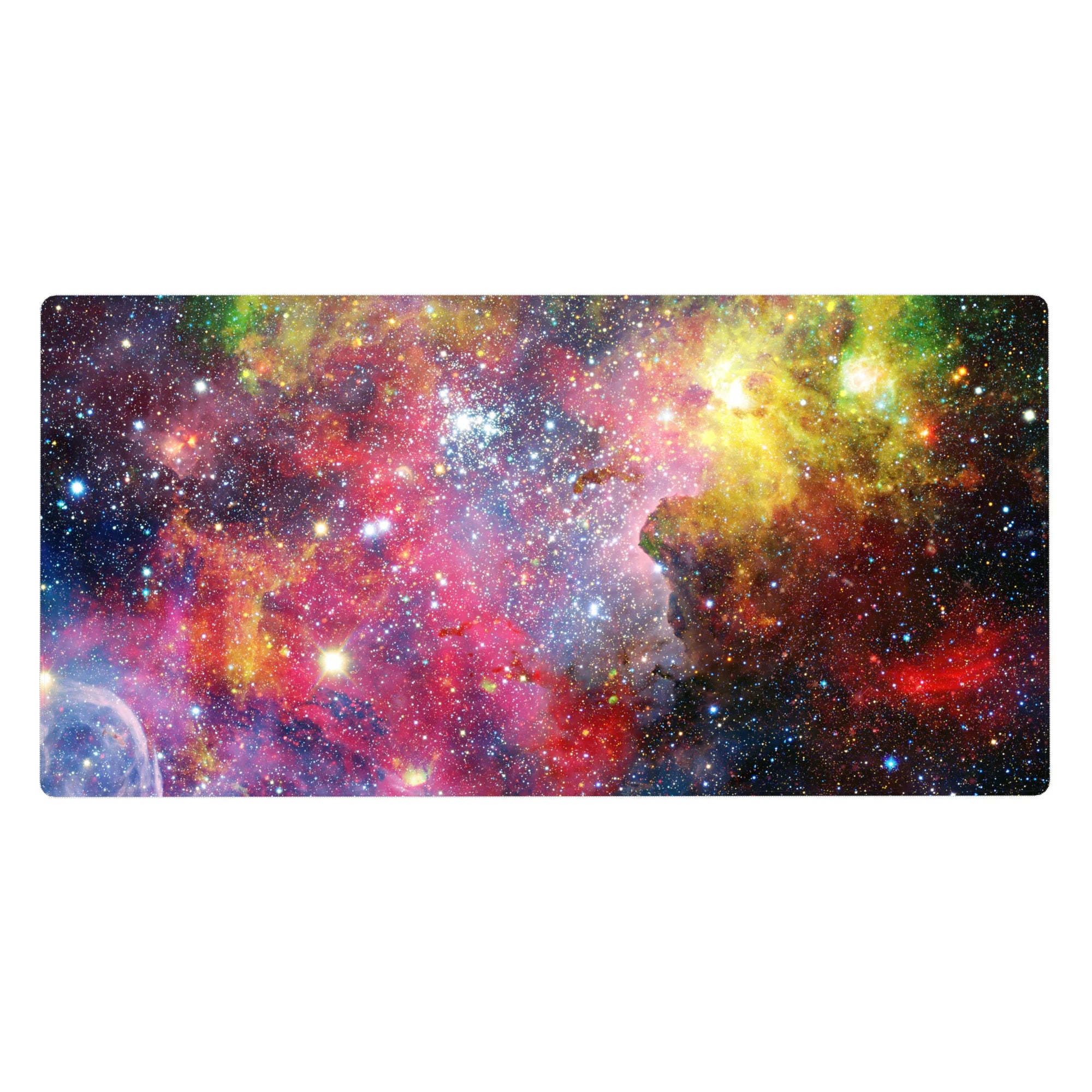Galaxy swirl desk pad 40x20 inches with star-speckled space dust pattern for smooth mouse tracking.