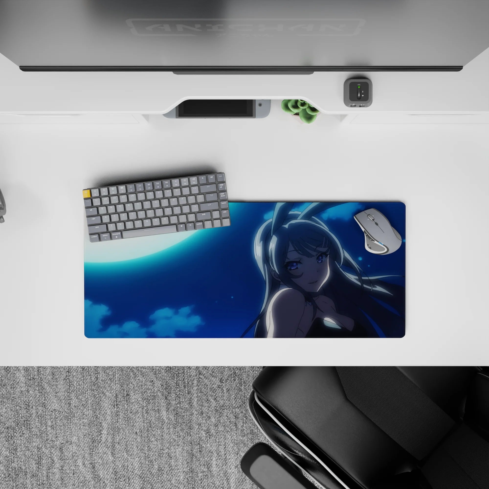 28x12 inches anime girl mouse pad in deep navy with cool cyan glow, dreamy midnight romance vibe.