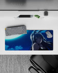 28x12 inches anime girl mouse pad in deep navy with cool cyan glow, dreamy midnight romance vibe.