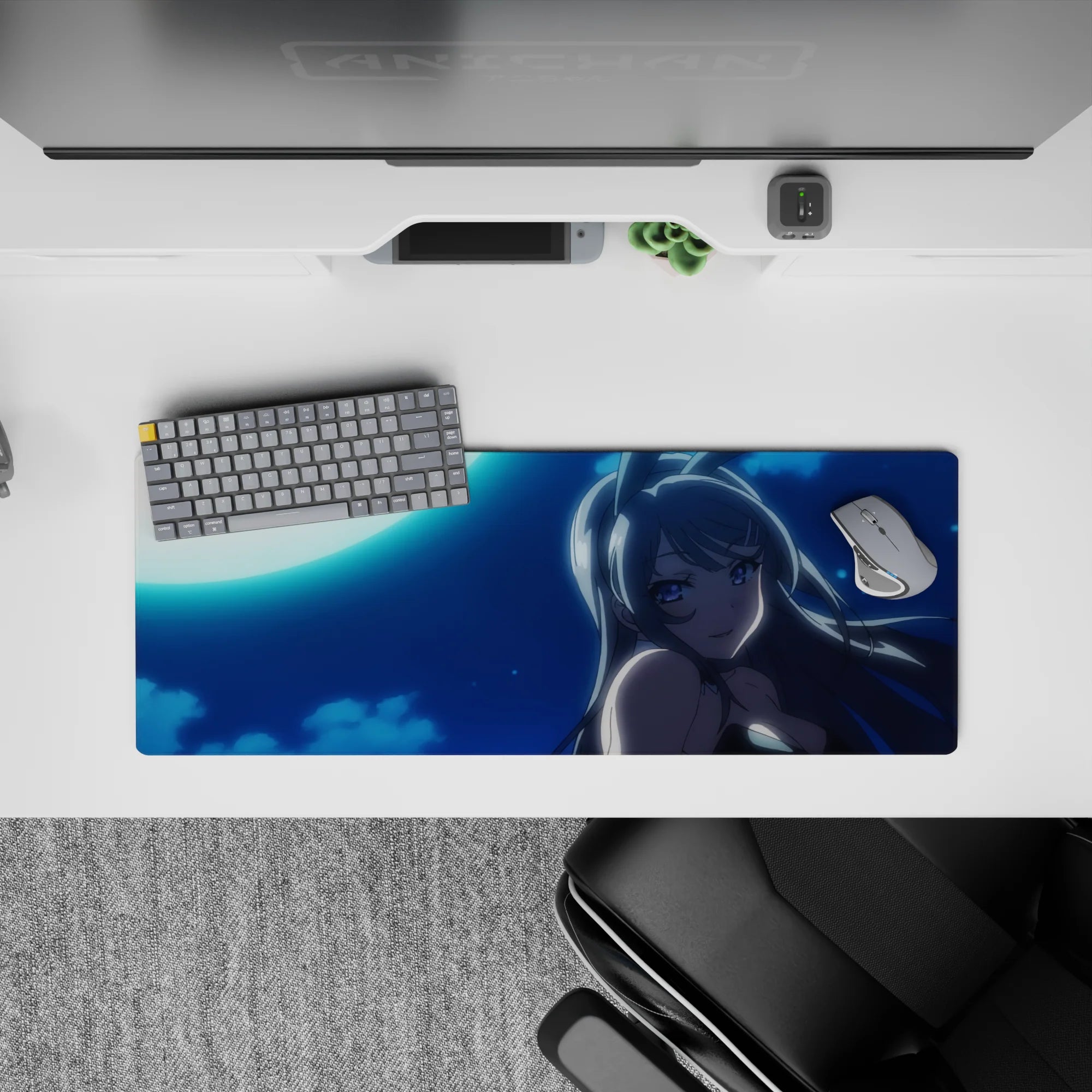 32x12 inches anime girl mouse pad in deep navy with cool cyan glow, midnight romance vibe, crisp shading.