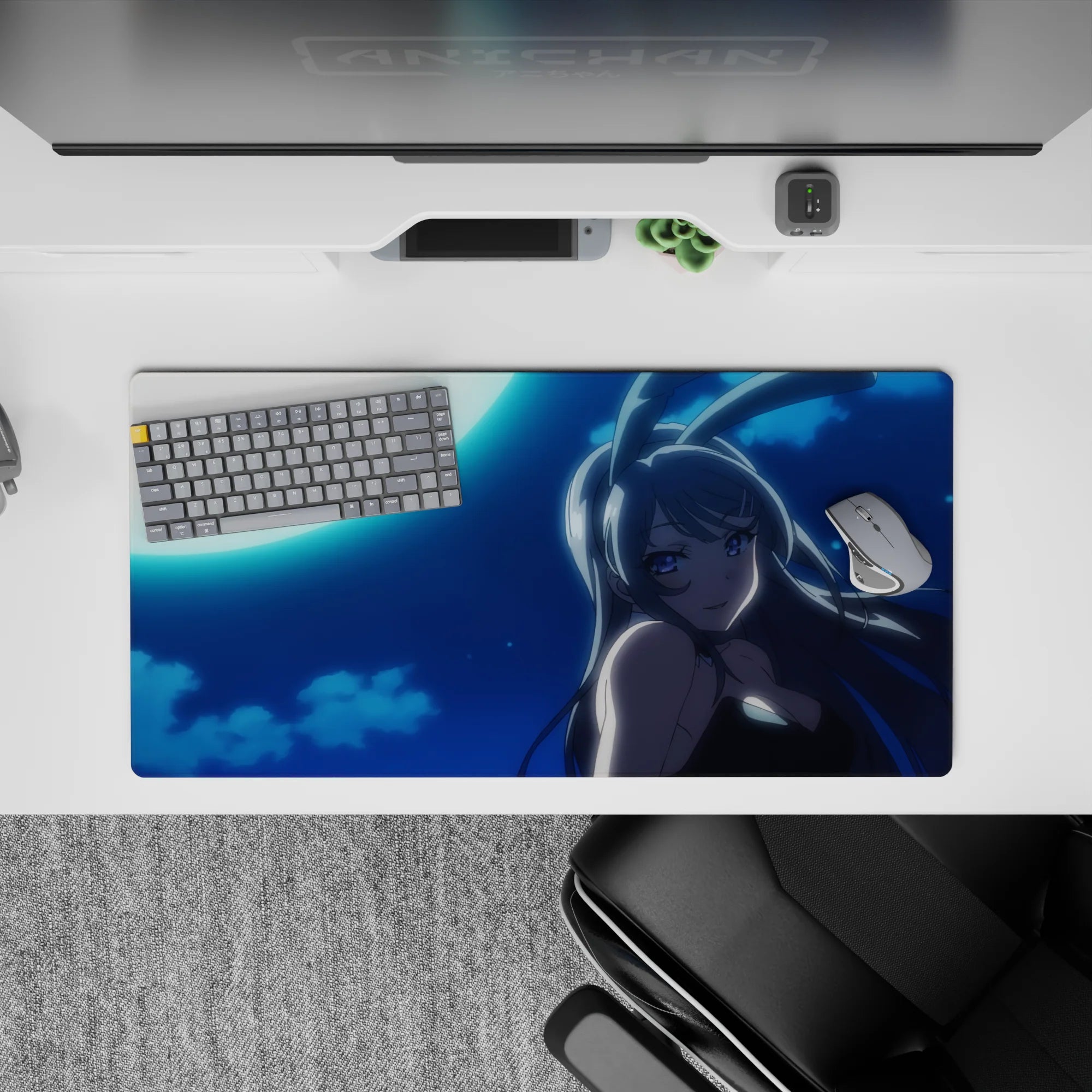 32x16 inches anime girl mouse pad in deep navy and cyan glow, midnight romance mood with soft clouds.