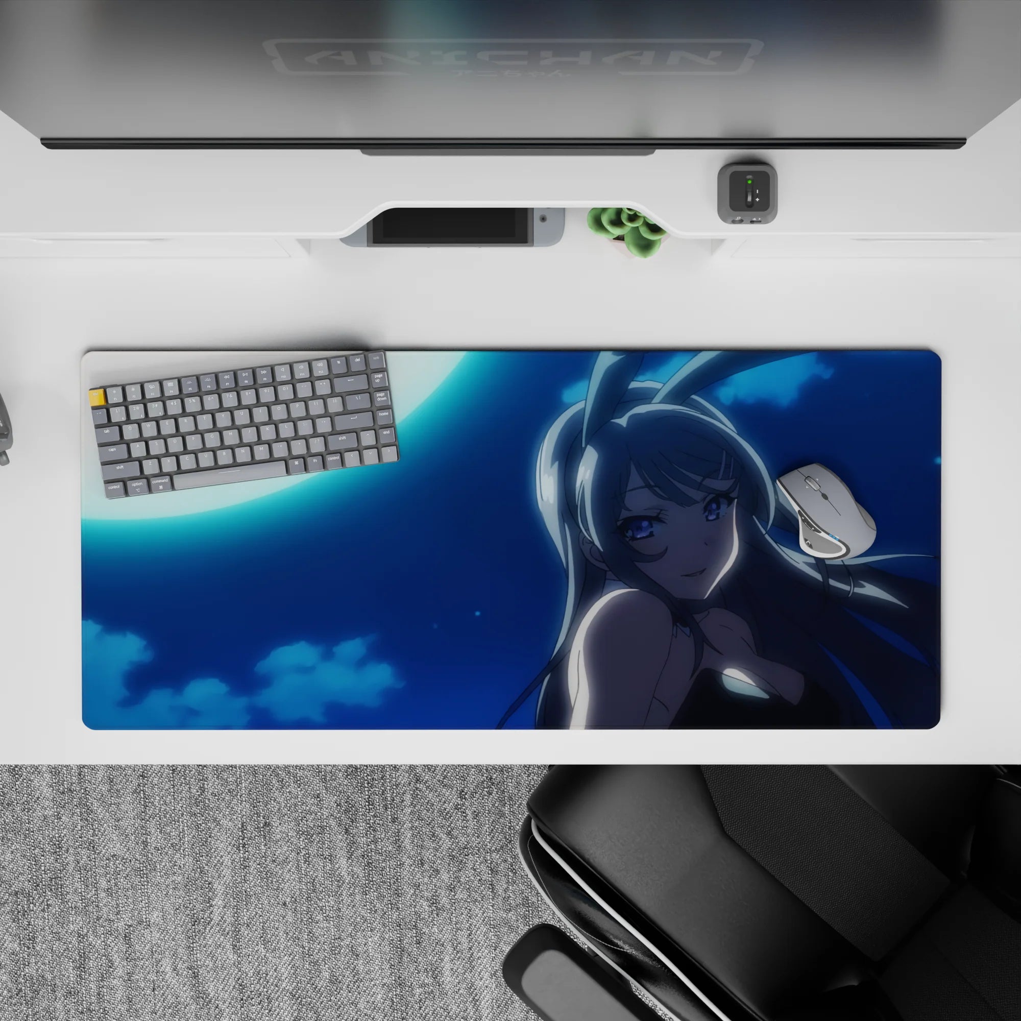 36x16 inches anime desk pad in deep navy with cool cyan glow, midnight romance vibe, crisp shadows.