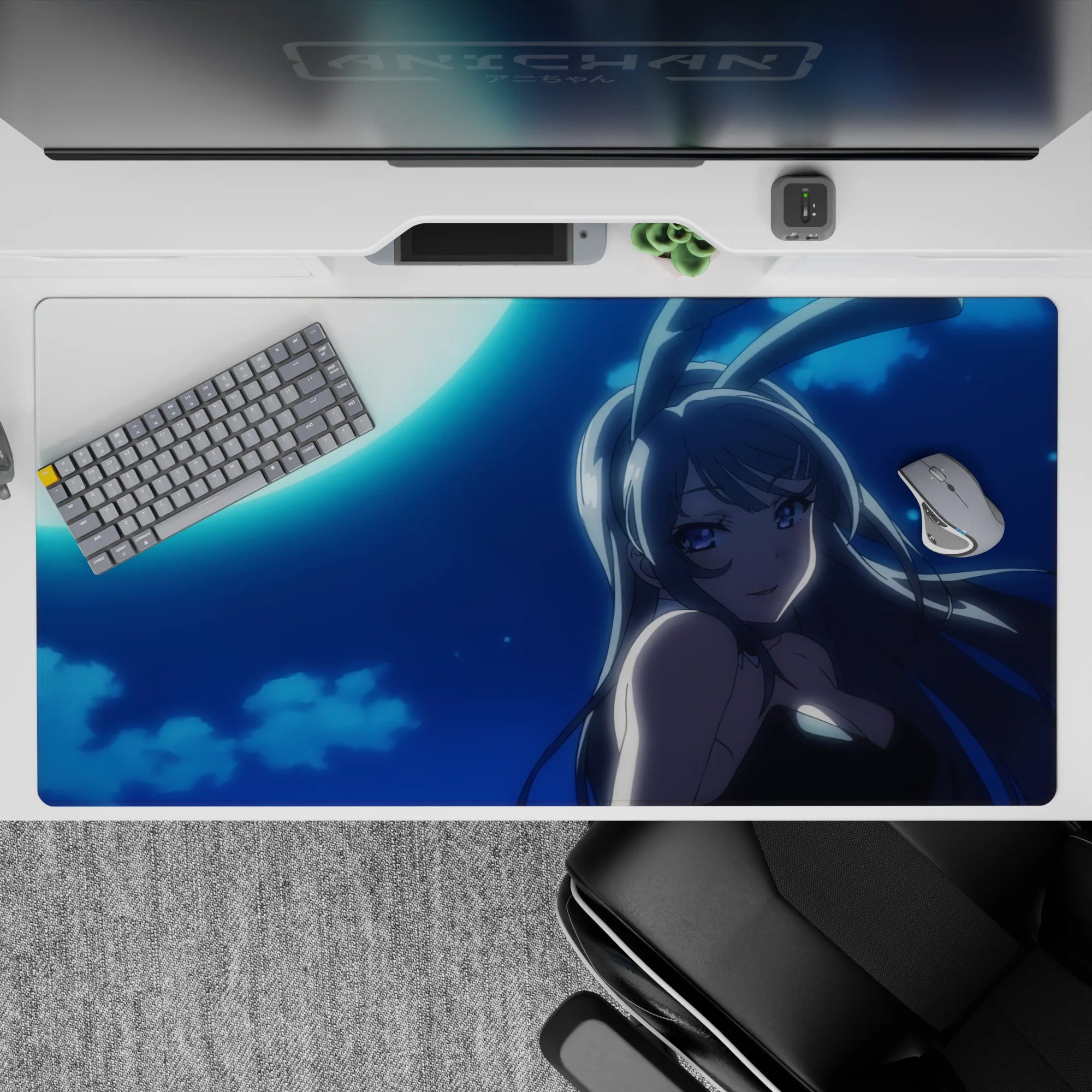 40x20 inches anime desk pad in deep navy and cyan glow, dreamy midnight romance vibe for gaming.