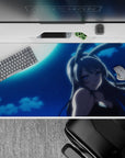 40x20 inches anime desk pad in deep navy and cyan glow, dreamy midnight romance vibe for gaming.