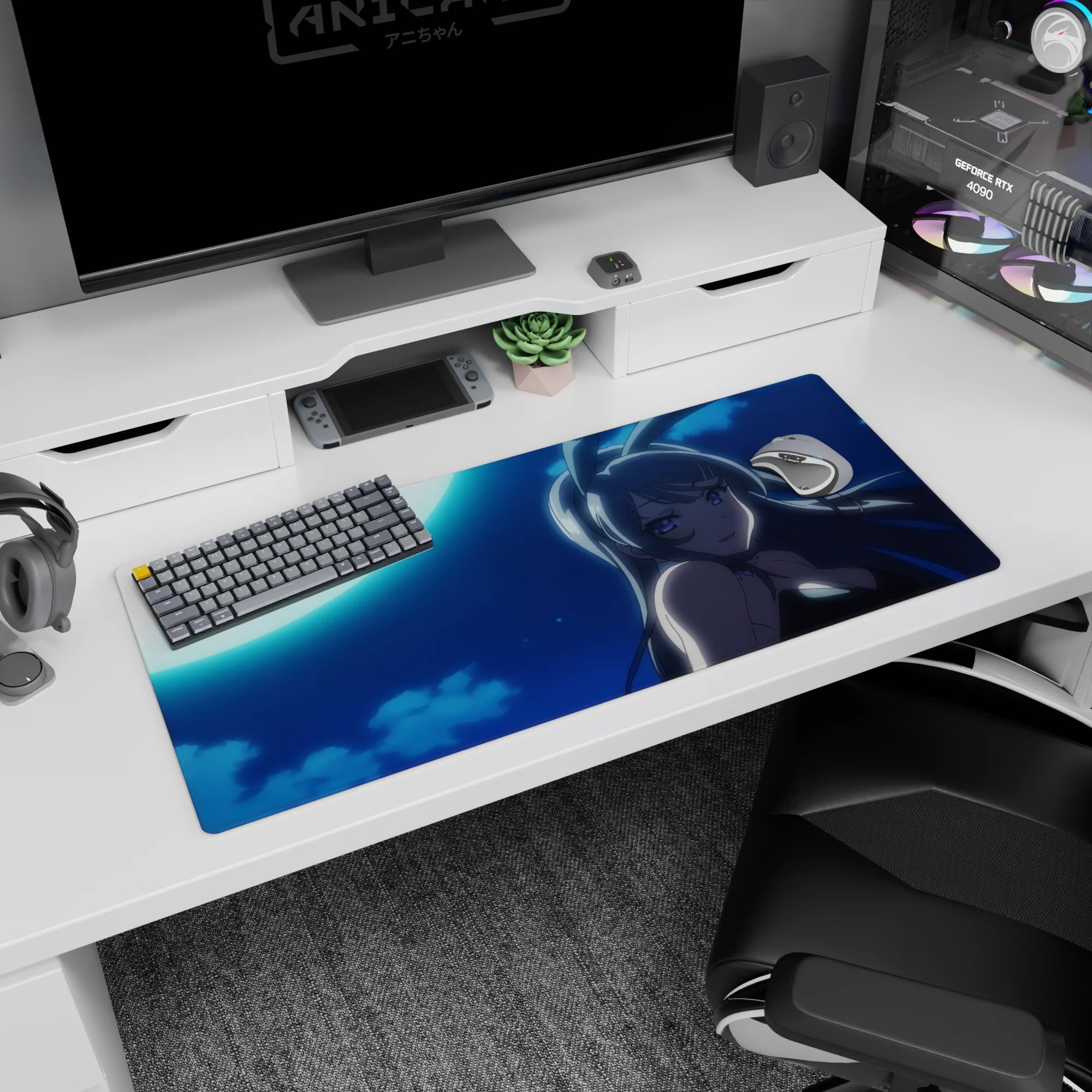 36x16 inches desk pad featuring a silver-haired bunny girl turning with a soft smile in moonlight.