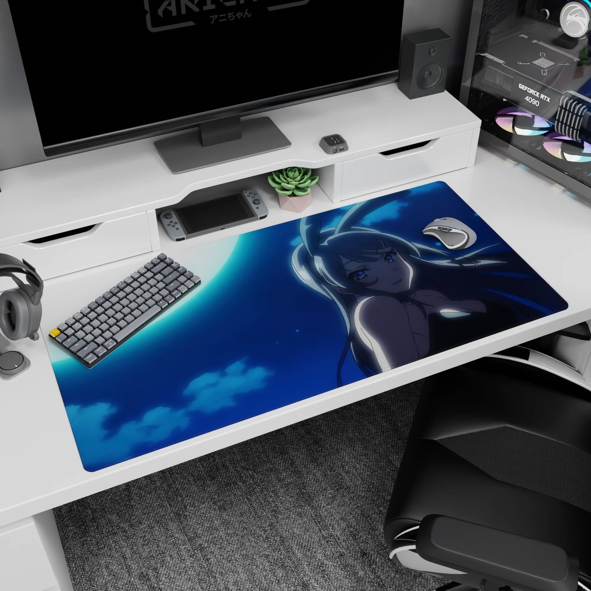 40x20 inches desk pad showing a silver-haired bunny girl smiling in moonlit spotlight, clouds behind.