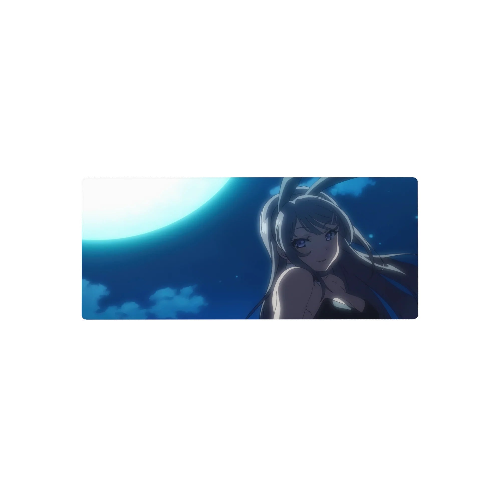 28x12 inches anime girl mouse pad with silver-haired bunny girl under moonlit clouds, crisp detailed art.