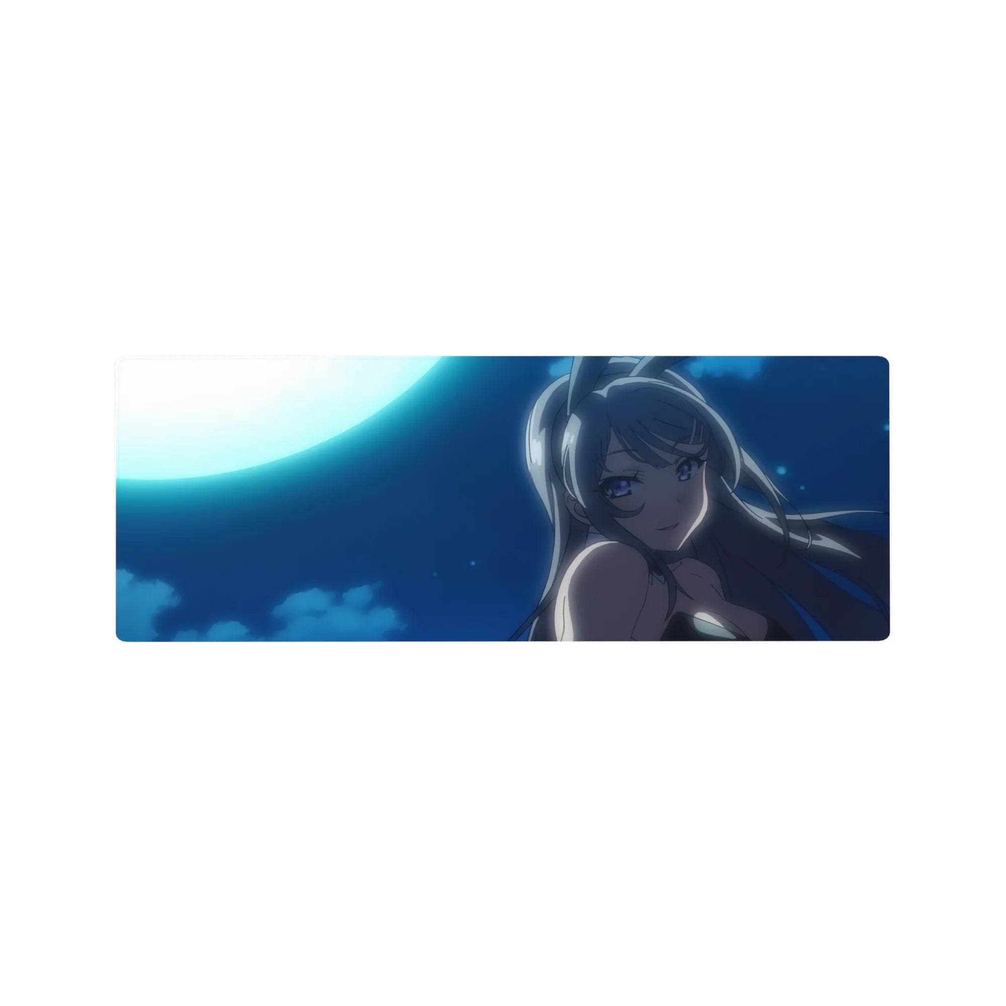 32x12 inches anime girl mouse pad with silver-haired bunny girl under a moonlit sky and dreamy clouds.