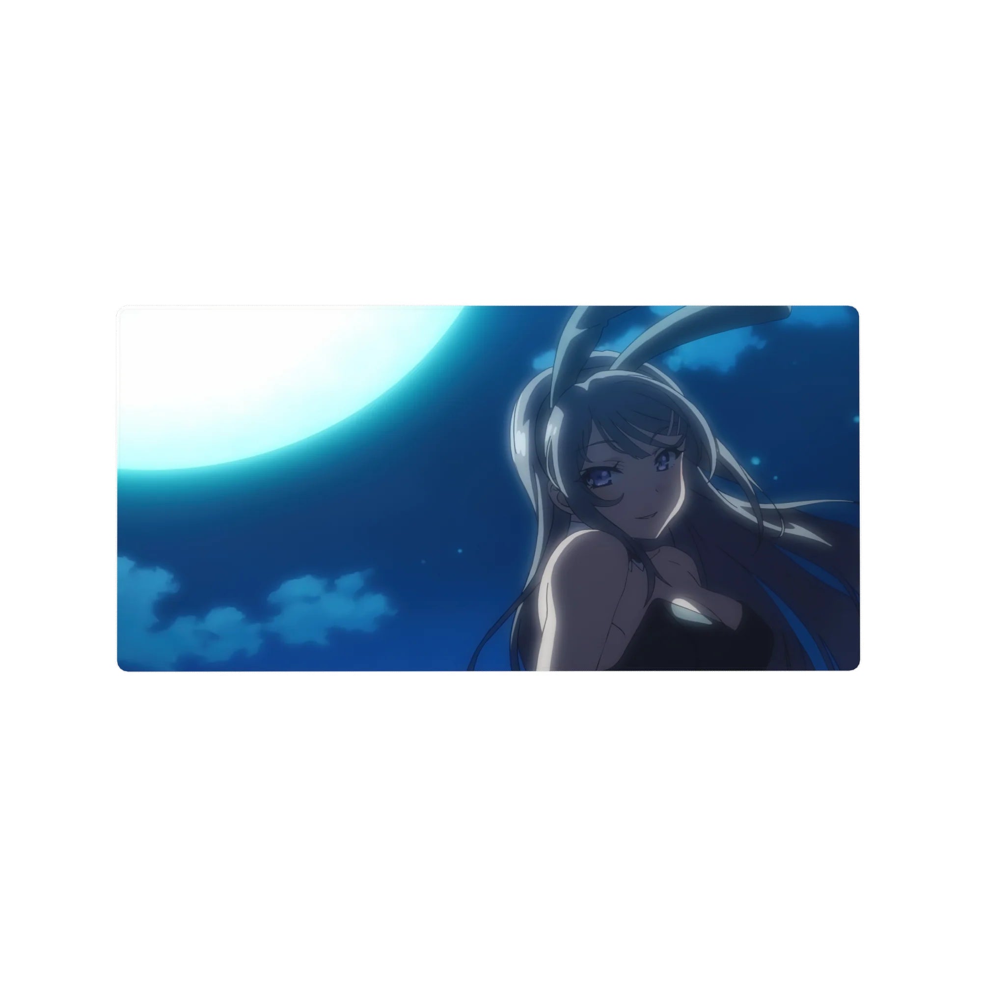 32x16 inches anime girl mouse pad with silver-haired bunny girl under moonlight, dreamy sky backdrop.