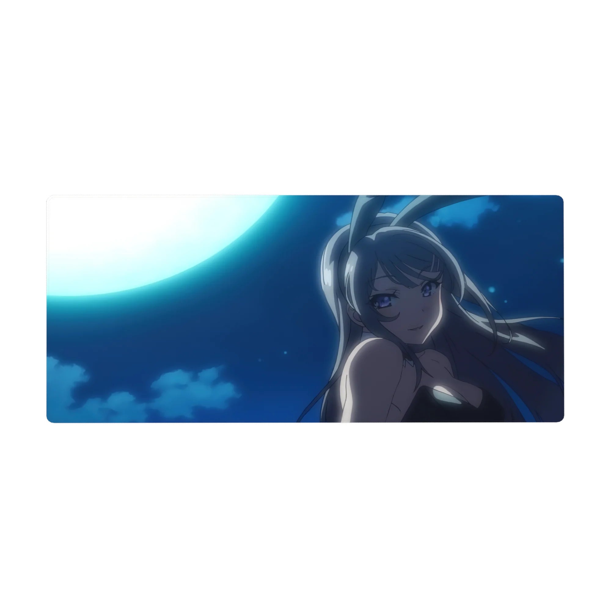 36x16 inches anime girl desk pad with silver-haired bunny girl under a moonlit sky and drifting clouds.
