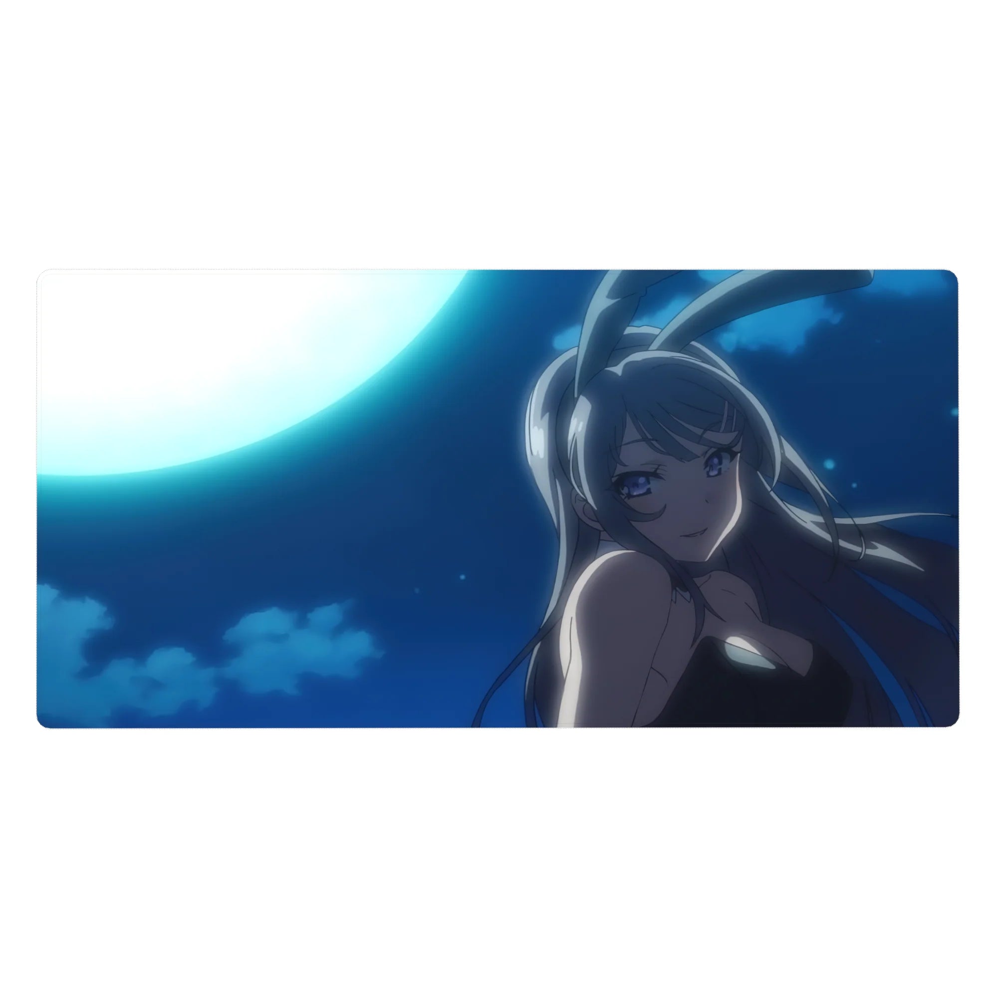 40x20 inches anime girl desk pad with silver-haired bunny girl under moonlight, navy sky and clouds.