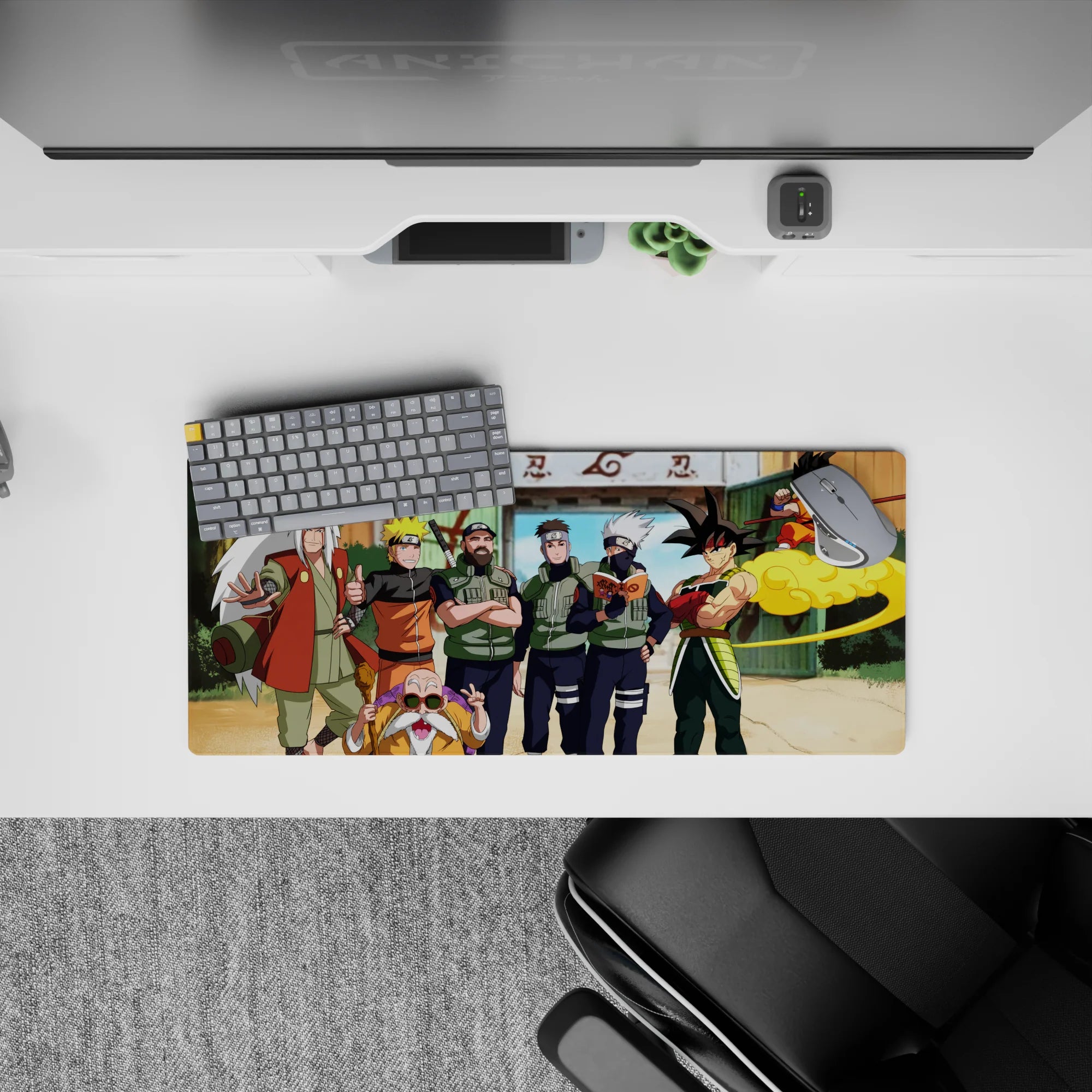 28x12 inches anime mouse pad in warm oranges, leafy greens, and crisp ninja blues, sunny and playful.