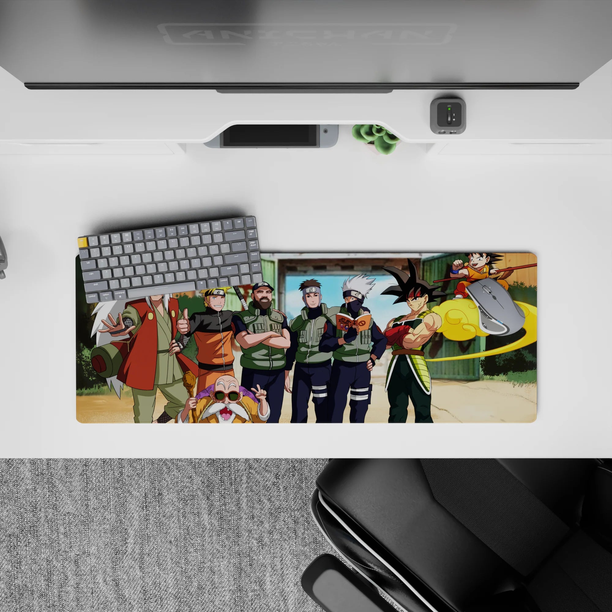 32x12 inches anime mouse pad in warm oranges, leafy greens, and crisp blues with sunny, playful vibe.