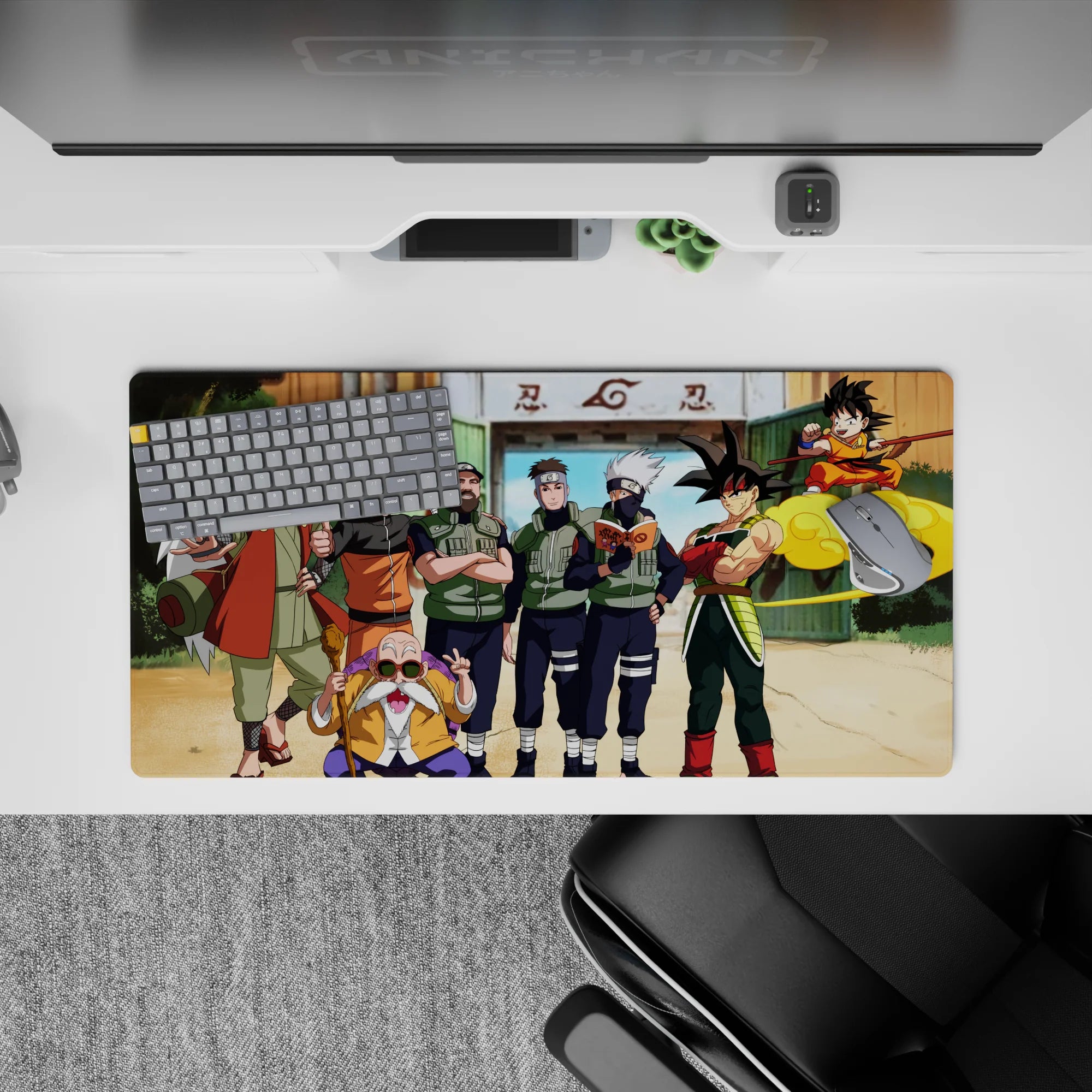 32x16 inches anime mouse pad in warm oranges, leafy greens and crisp ninja blues, sunny vibe.