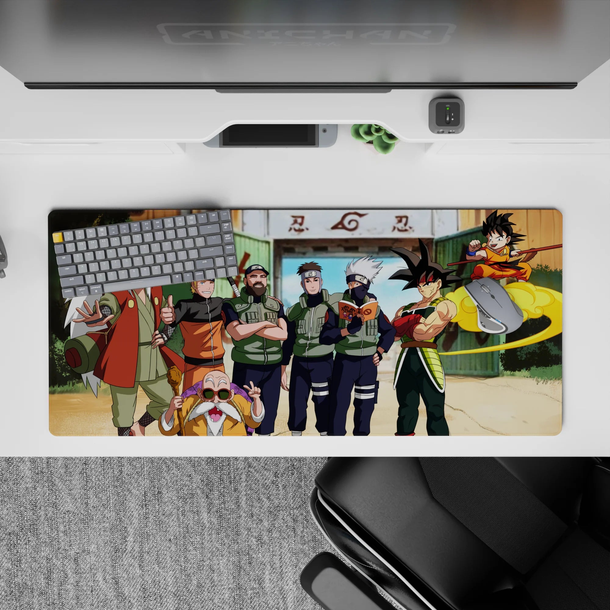 36x16 inches anime desk pad in warm oranges, leafy greens, and crisp ninja blues, sunny playful vibe.