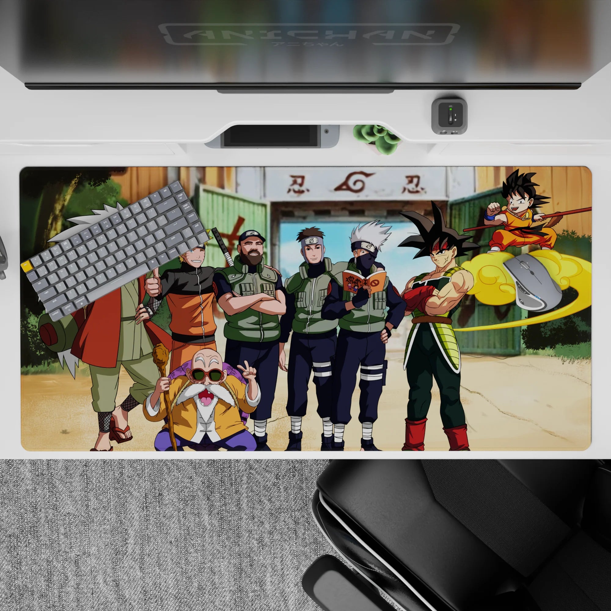 40x20 inches anime desk pad in warm oranges, leafy greens, and crisp ninja blues, sunny playful vibe.