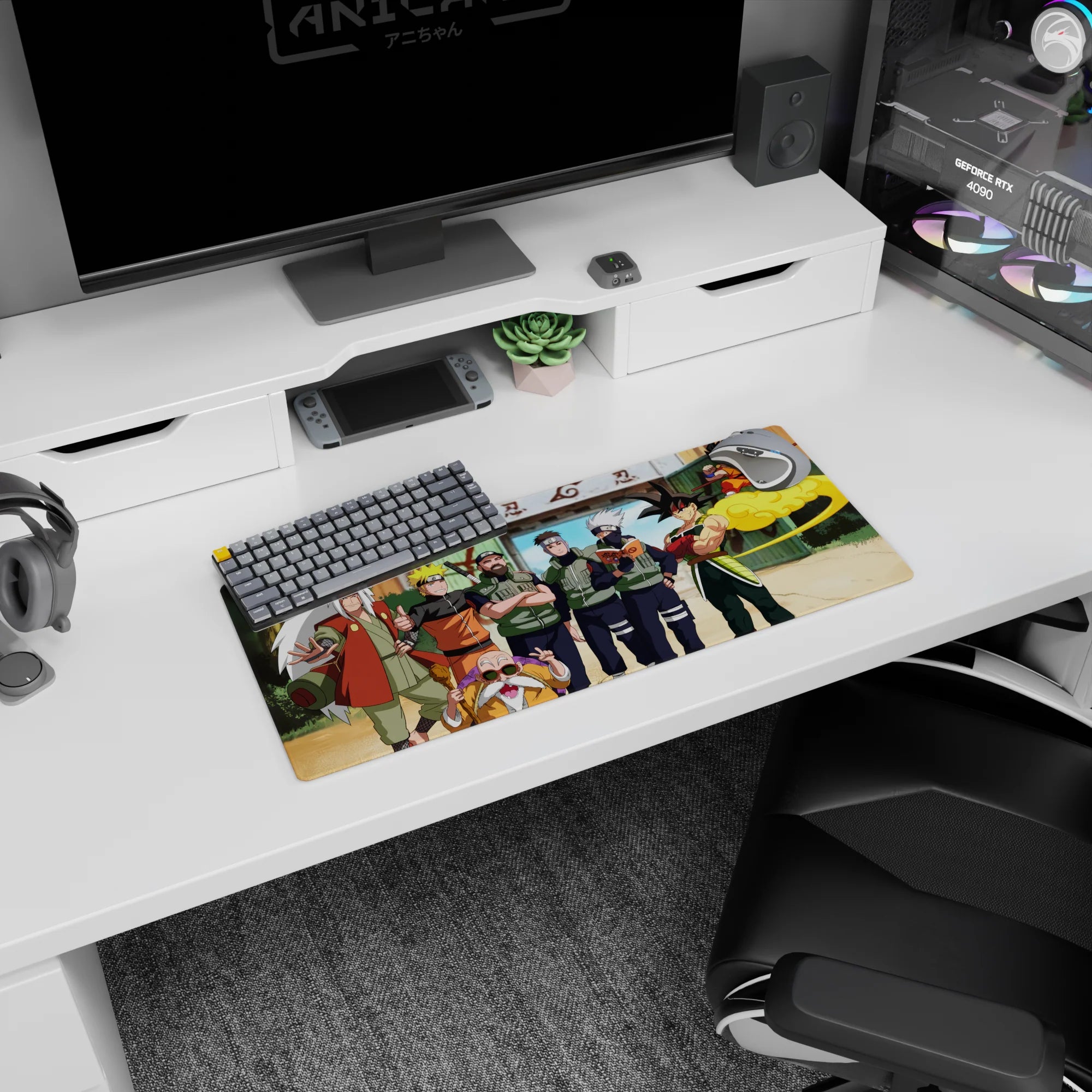 28x12 inches anime mouse pad scene of Goku and kid Goku flying in as Naruto squad hangs out in Konoha.