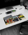 28x12 inches anime mouse pad scene of Goku and kid Goku flying in as Naruto squad hangs out in Konoha.