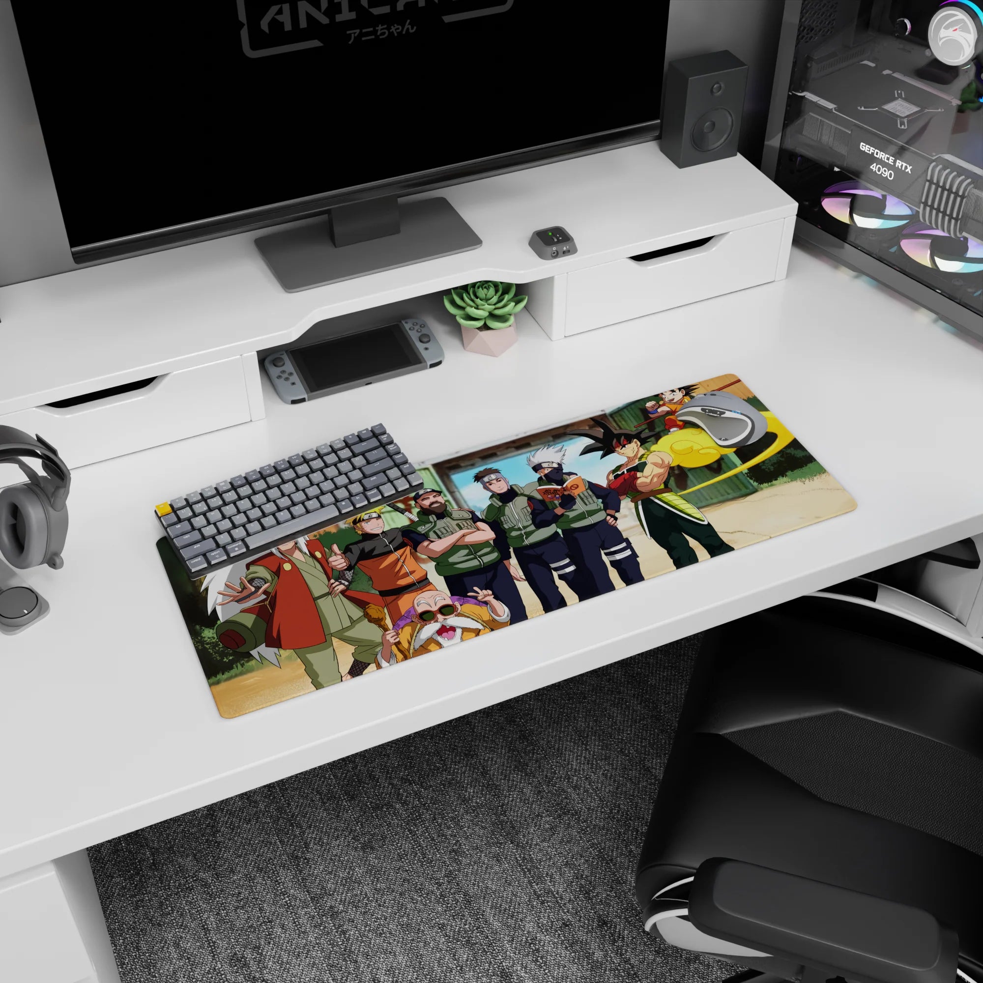 32x12 inches anime mouse pad showing Goku and kid Goku flying in on a yellow cloud past ninja heroes.