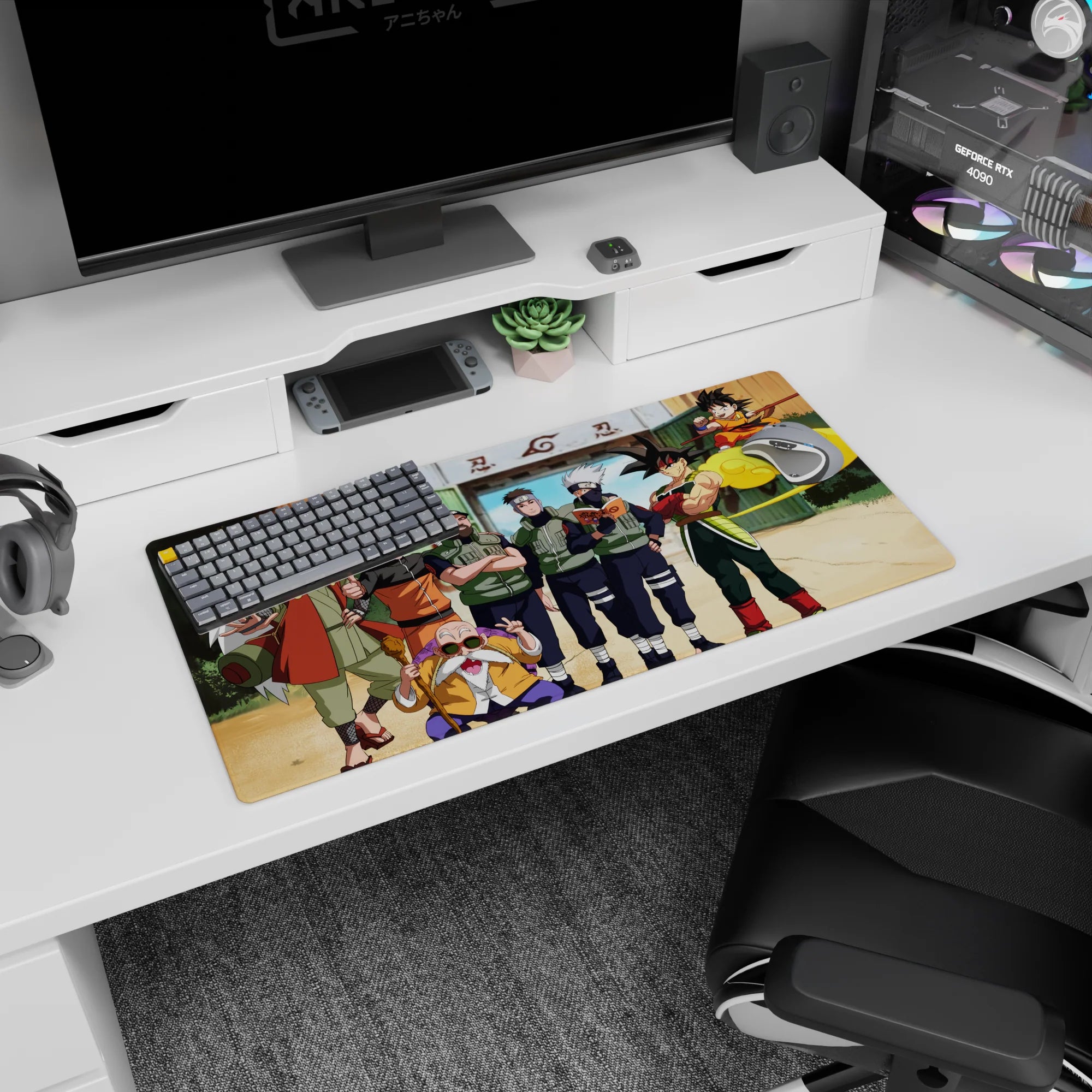 32x16 inches anime mouse pad with Goku and kid Goku on a yellow cloud visiting Naruto in Konoha.