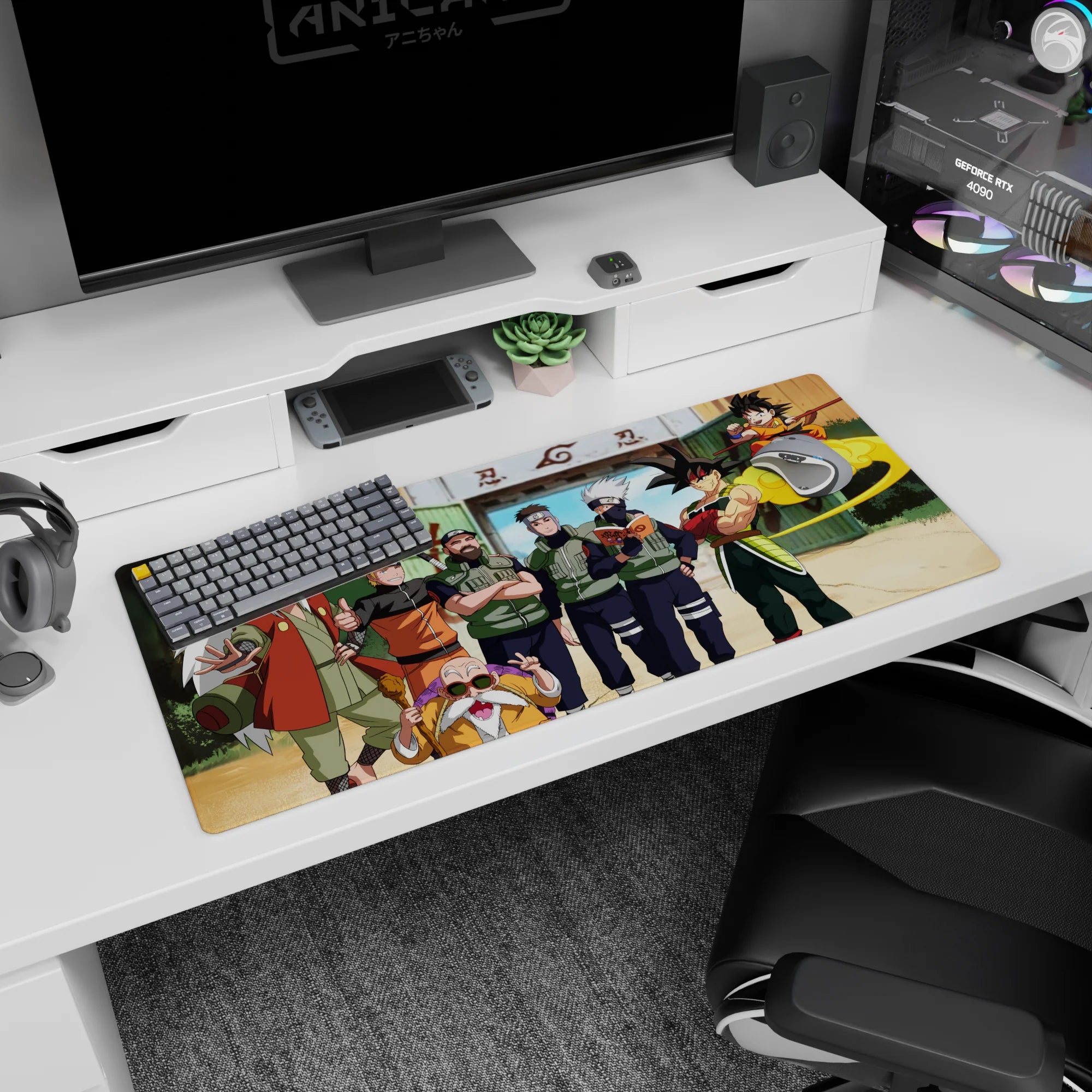 36x16 inches anime desk pad showing Naruto, Kakashi, and Jiraiya as Goku and kid Goku ride a yellow cloud.