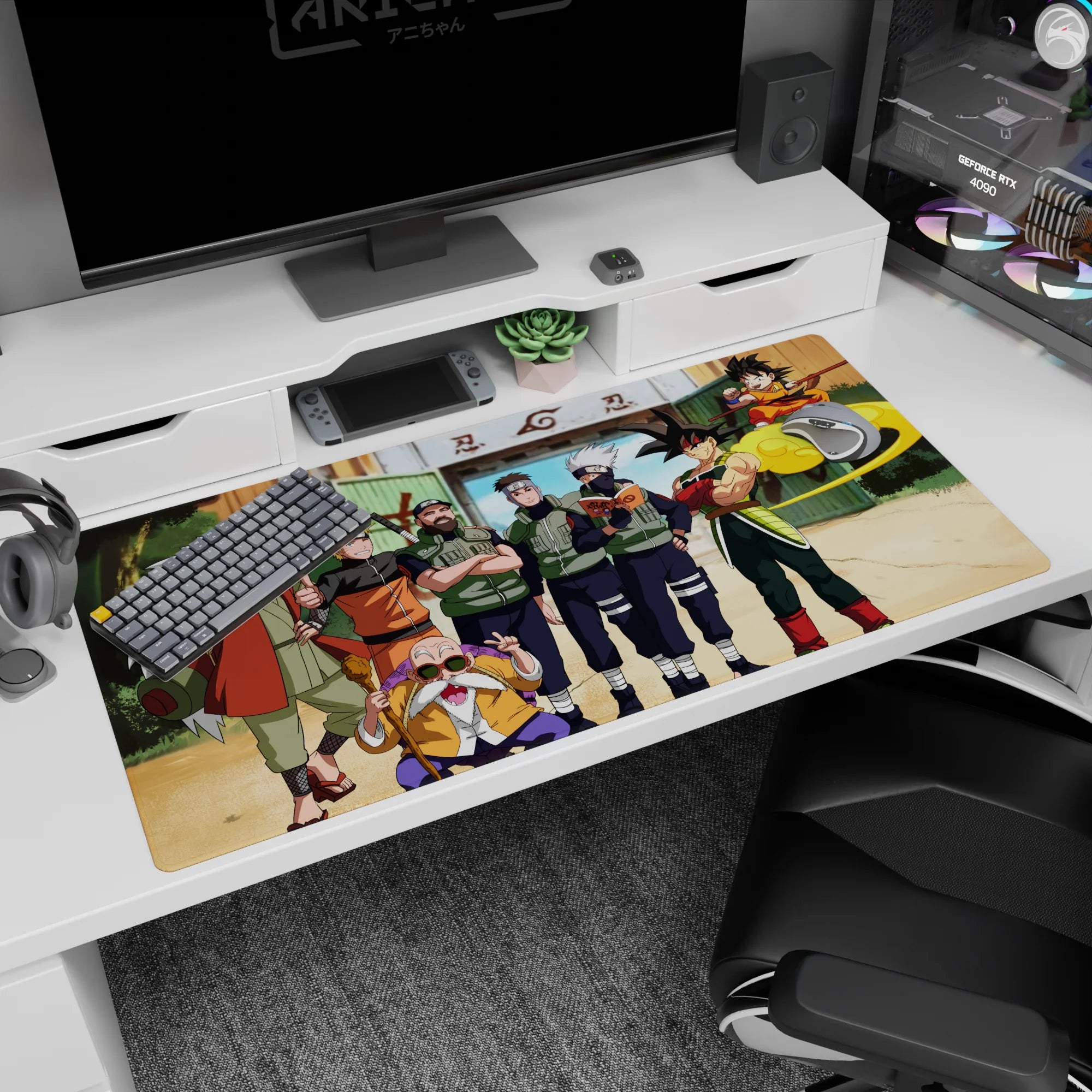40x20 inches anime desk pad showing Goku and kid Goku on a yellow cloud meeting Naruto, Kakashi, Jiraiya.