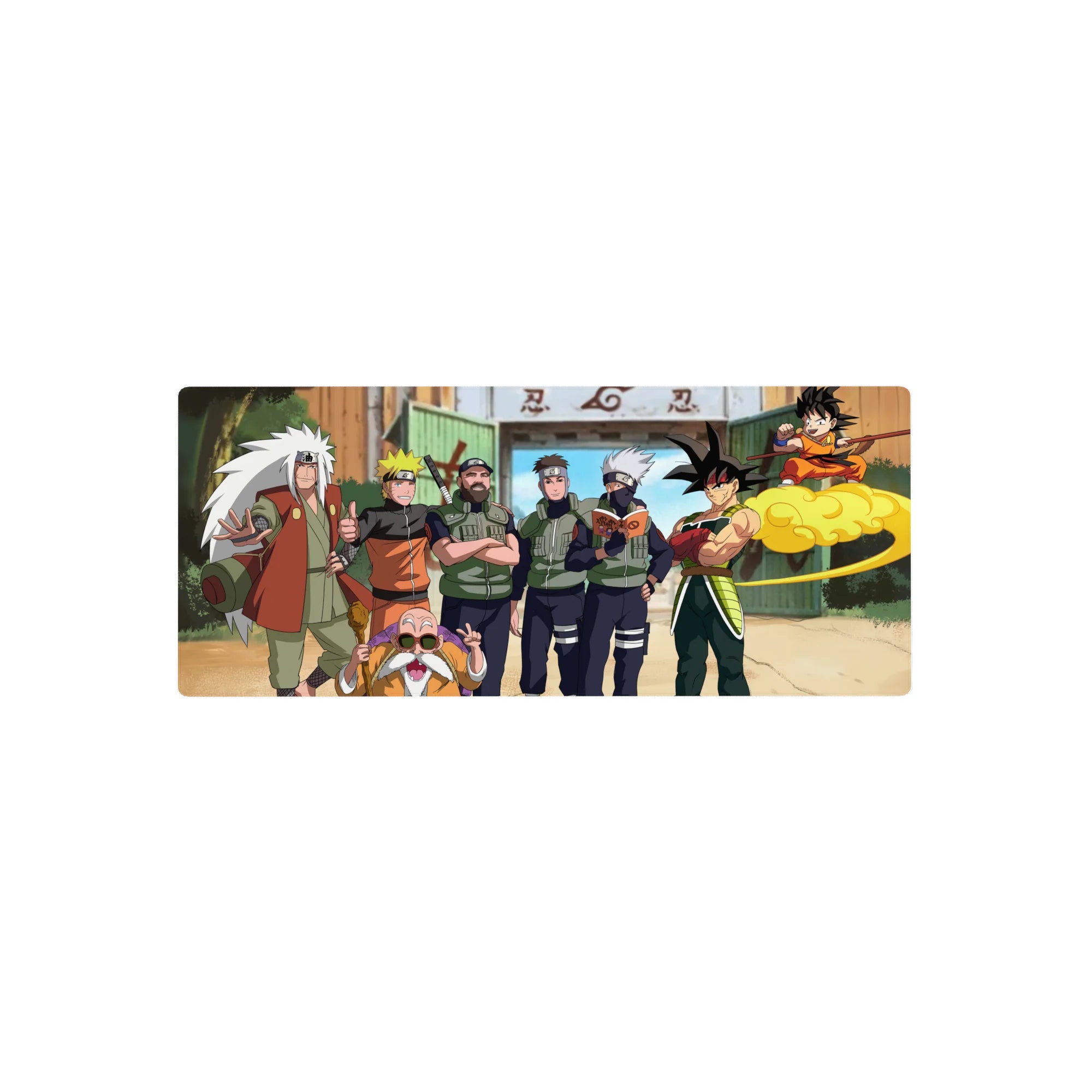 28x12 inches anime mouse pad with Naruto, Kakashi, Jiraiya and Goku on a yellow cloud in Konoha.
