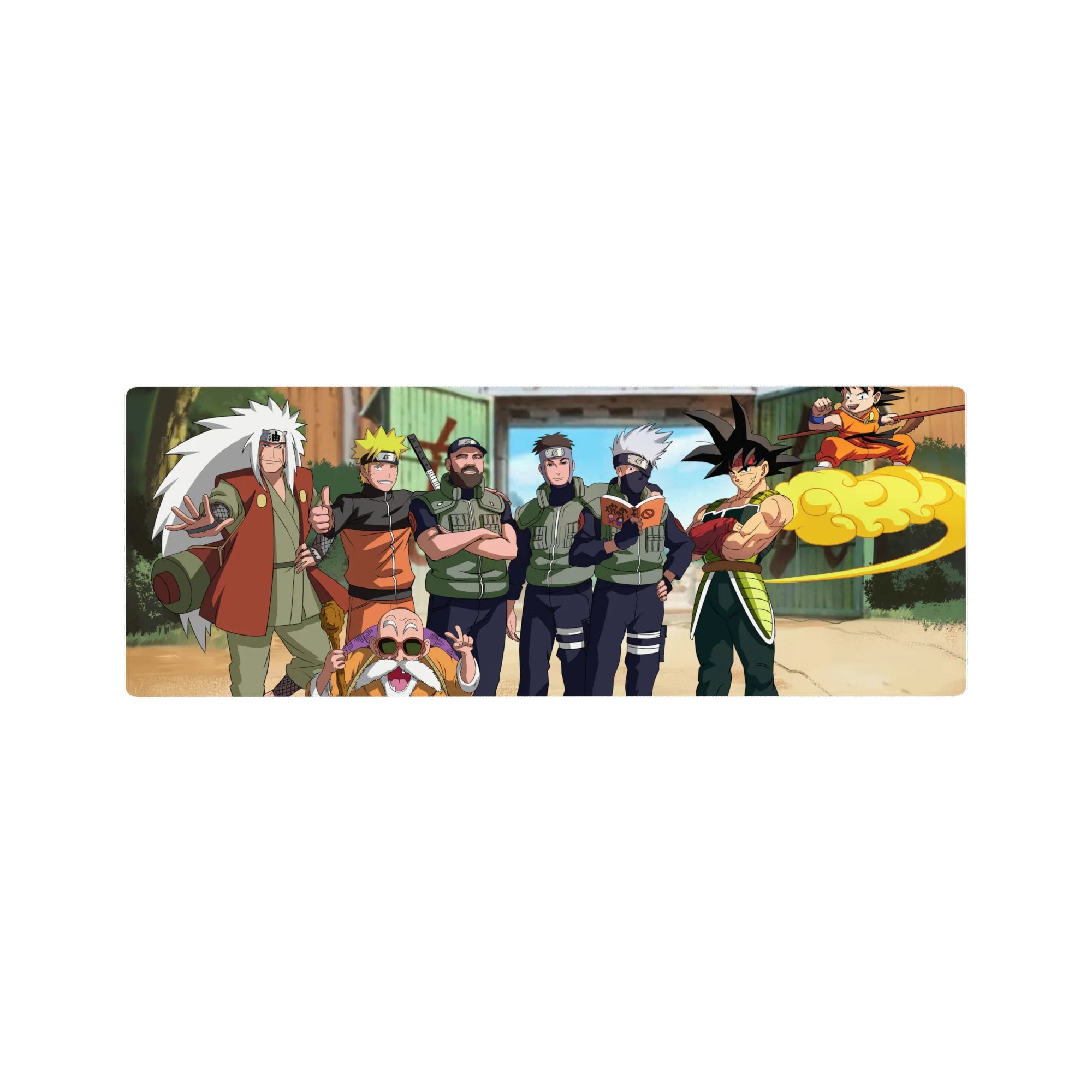 32x12 inches anime mouse pad featuring Naruto, Kakashi, Jiraiya and Goku on a flying cloud in Konoha.