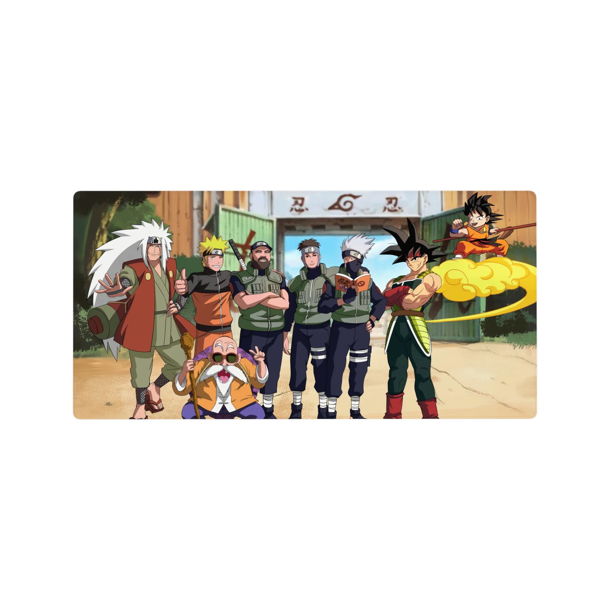 32x16 inches anime mouse pad featuring Naruto, Kakashi, Jiraiya and Goku crossover in Konoha.