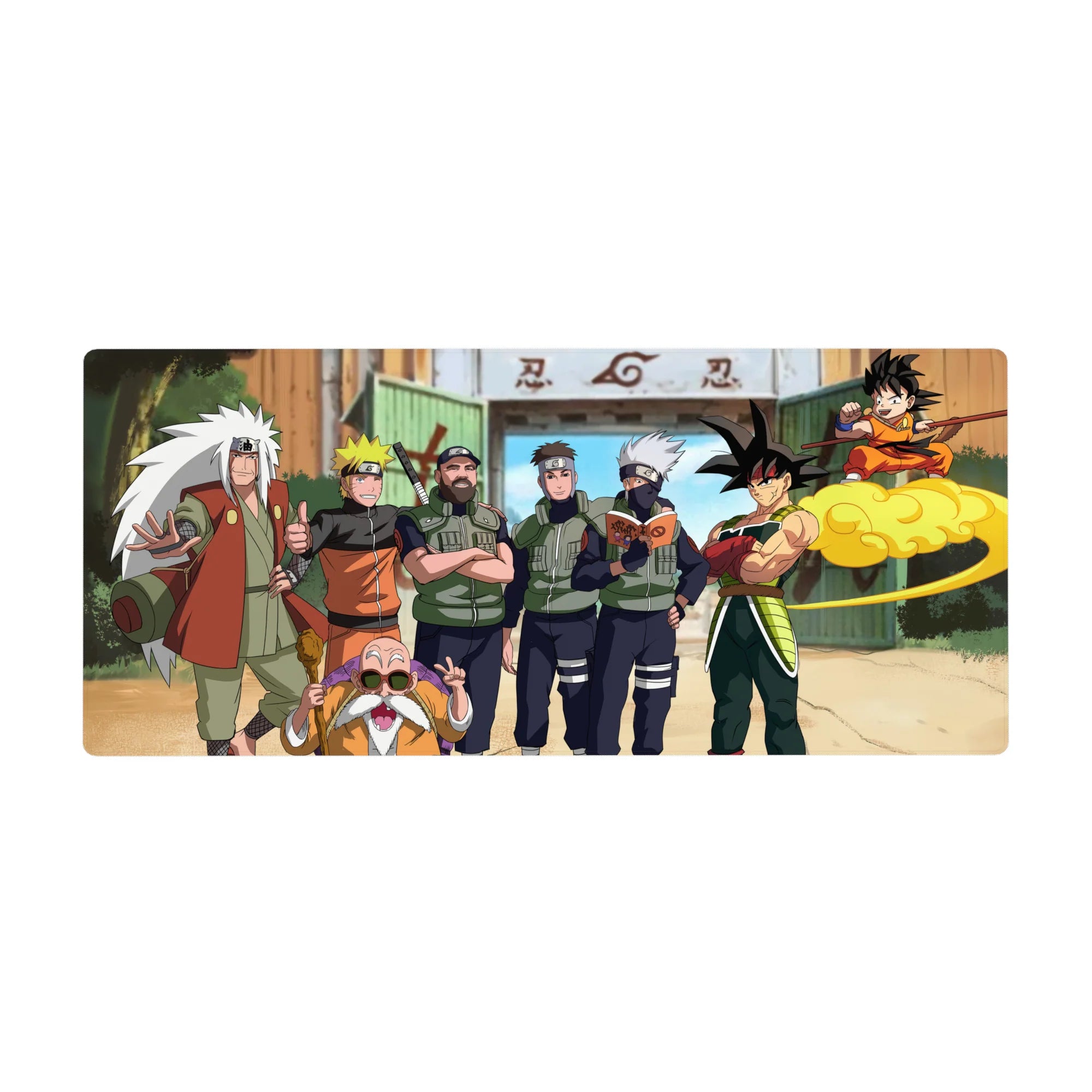 36x16 inches anime desk pad with Naruto and Dragon Ball crossover in Konoha, bold outlines and fun poses.
