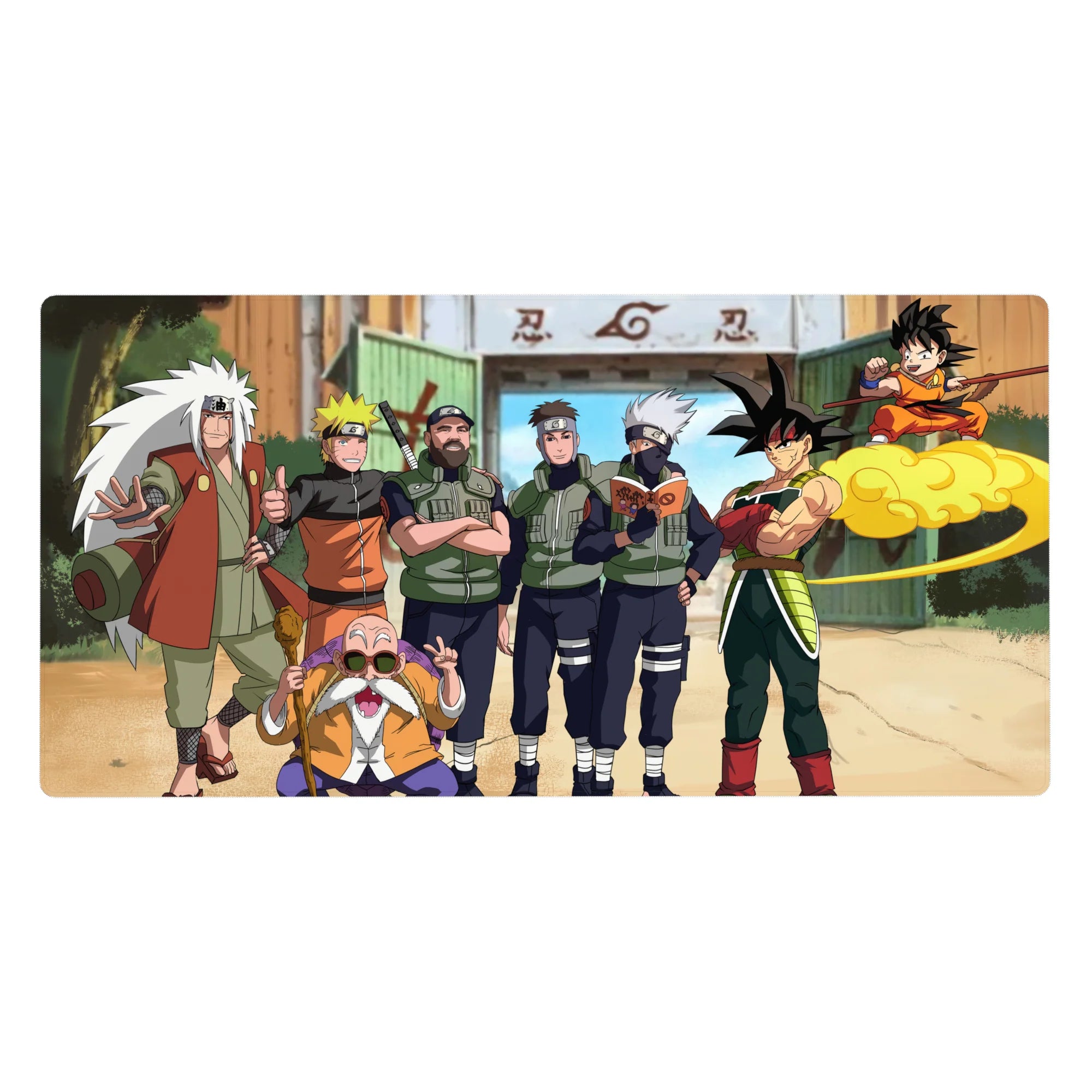 40x20 inches anime desk pad with Naruto x Dragon Ball crossover in Konoha, bold outlines and poses.