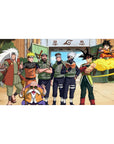 40x20 inches anime desk pad with Naruto x Dragon Ball crossover in Konoha, bold outlines and poses.