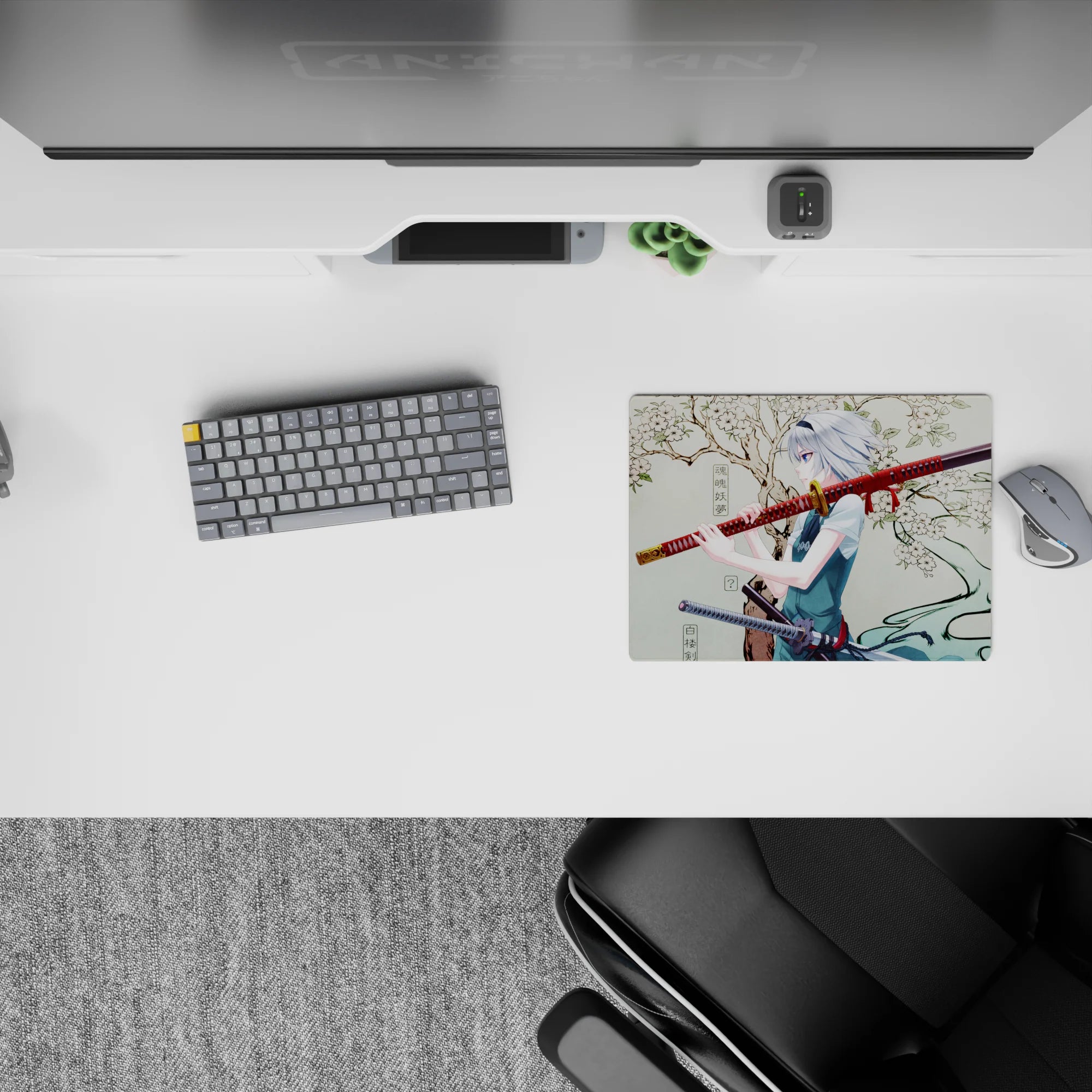 Serene yet eerie 14x10 inches anime mouse pad in cream, red, and black with cool blue eyes accent.