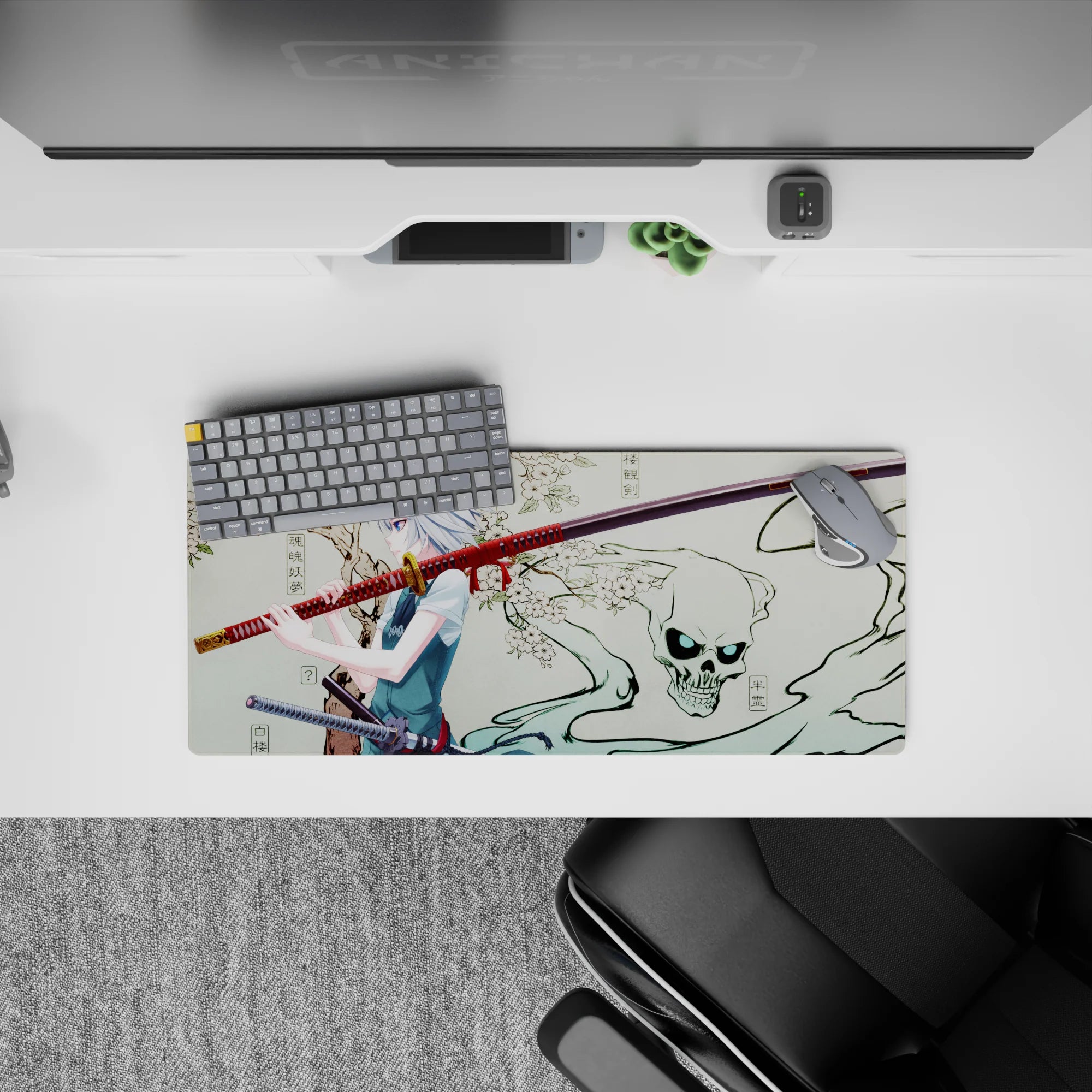 Serene yet ominous 28x12 inches anime desk mouse pad, cream backdrop with red katana wrap and black ink.