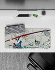 Serene yet ominous 28x12 inches anime desk mouse pad, cream backdrop with red katana wrap and black ink.