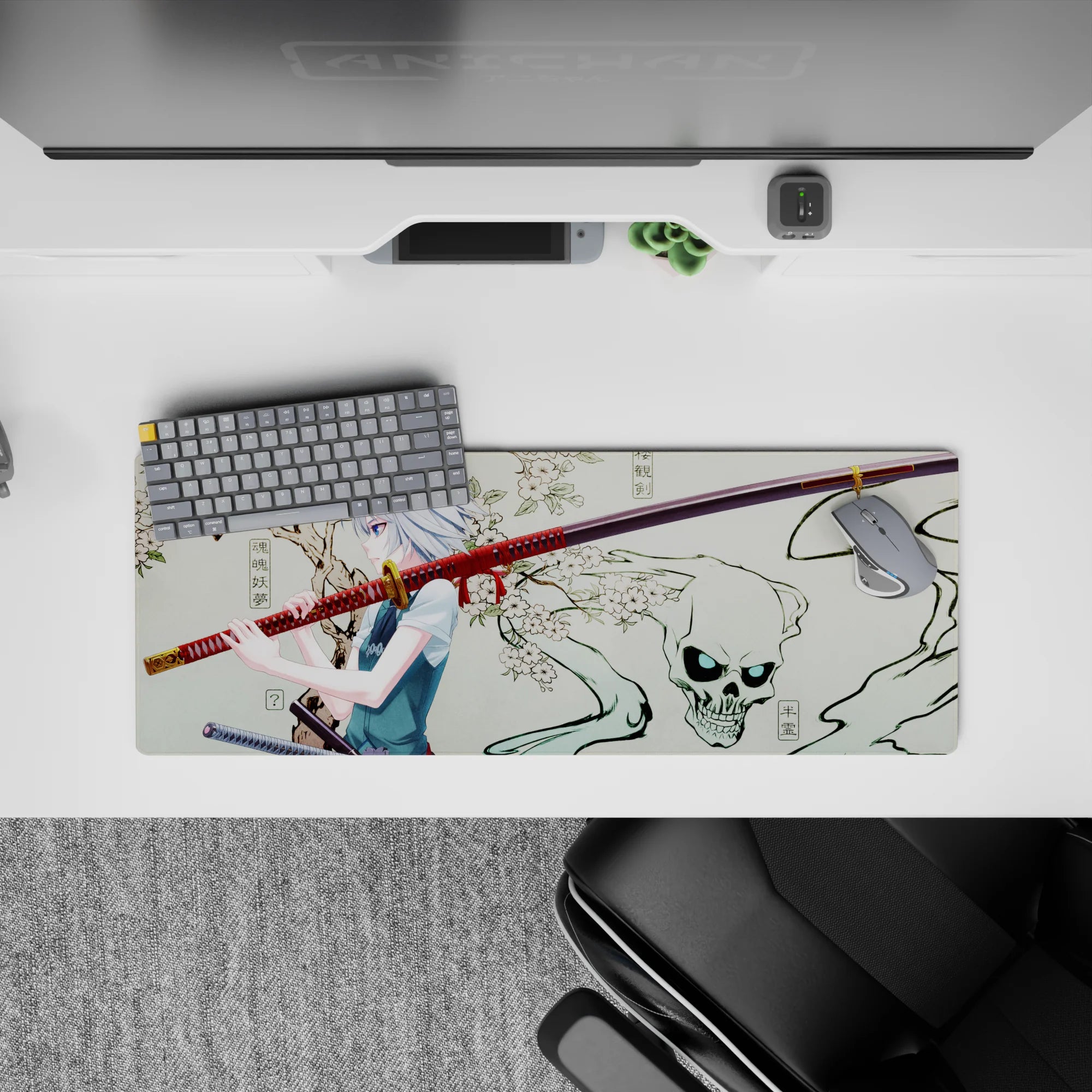 32x12 inches desk mouse pad in muted cream with bold red and black accents, serene yet spooky anime art.