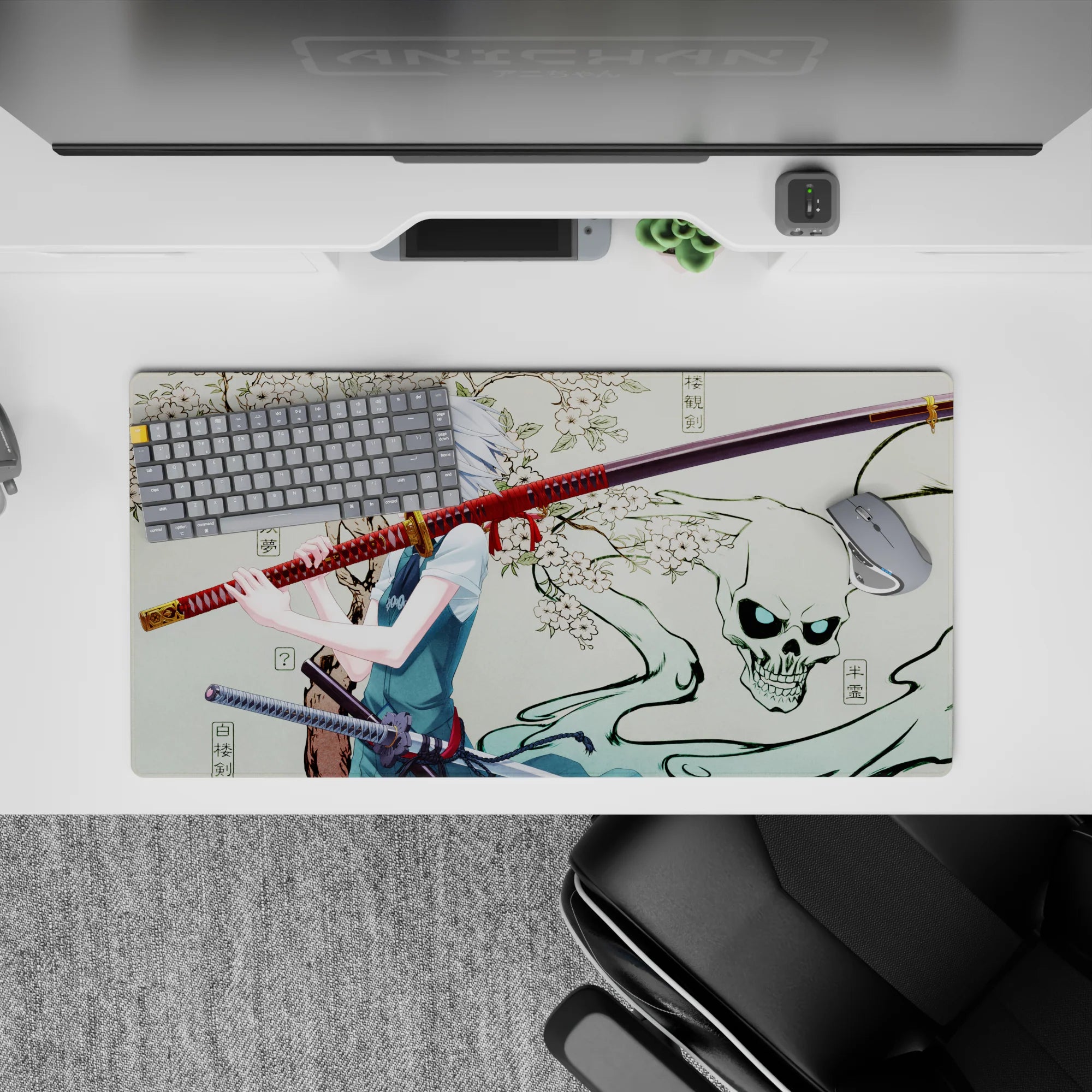 Serene yet spooky 32x16 inches anime desk mouse pad in cream, red, and black with blue-eyed katana vibe.