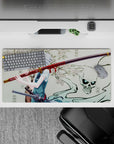 Serene yet spooky 32x16 inches anime desk mouse pad in cream, red, and black with blue-eyed katana vibe.