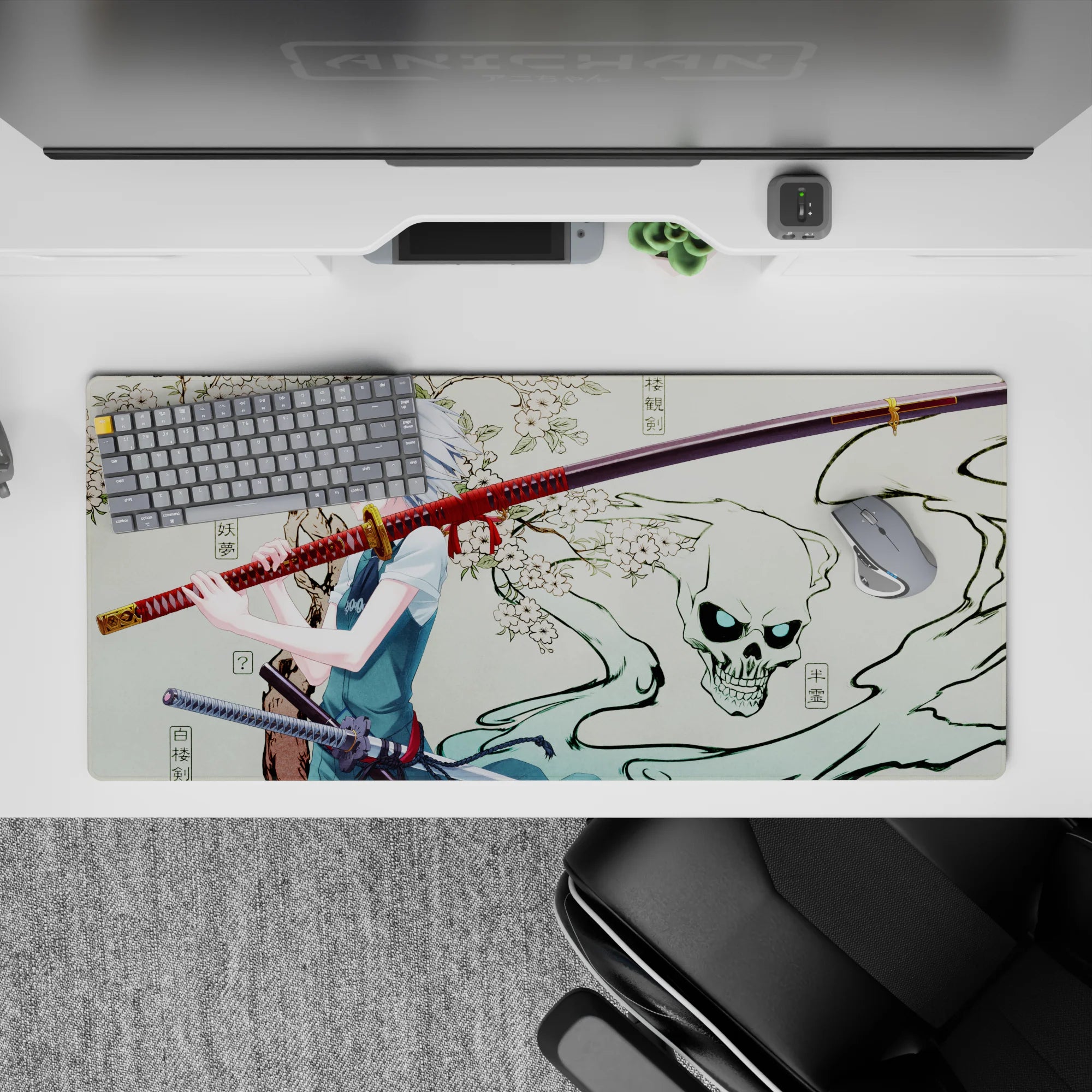 Serene yet spooky 36x16 inches anime desk pad in cream, red, and black with cool blue-eyed katana vibe.