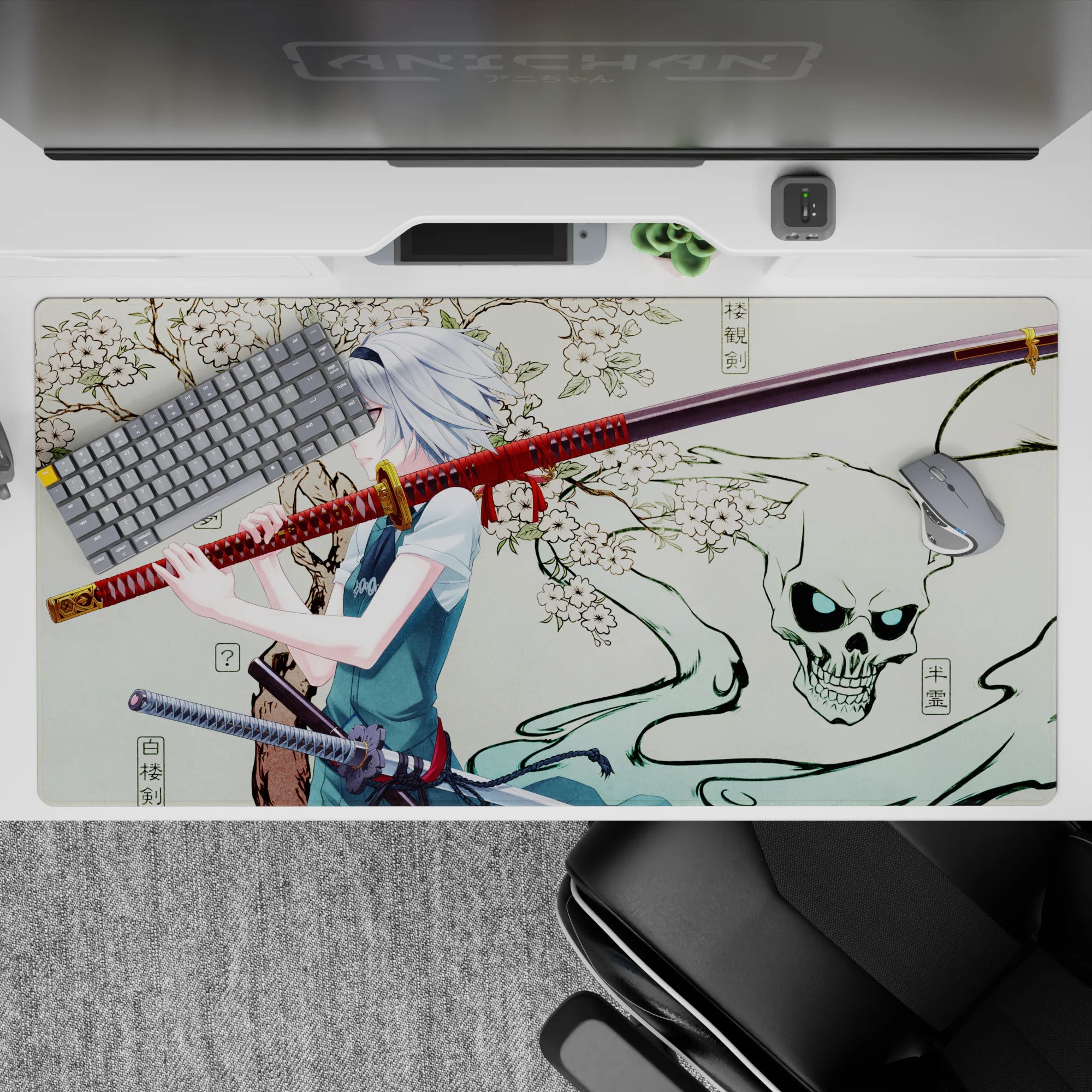 40x20 inches anime desk pad in muted cream with popping reds and blacks, calm yet spooky sword-saint vibe.