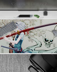40x20 inches anime desk pad in muted cream with popping reds and blacks, calm yet spooky sword-saint vibe.