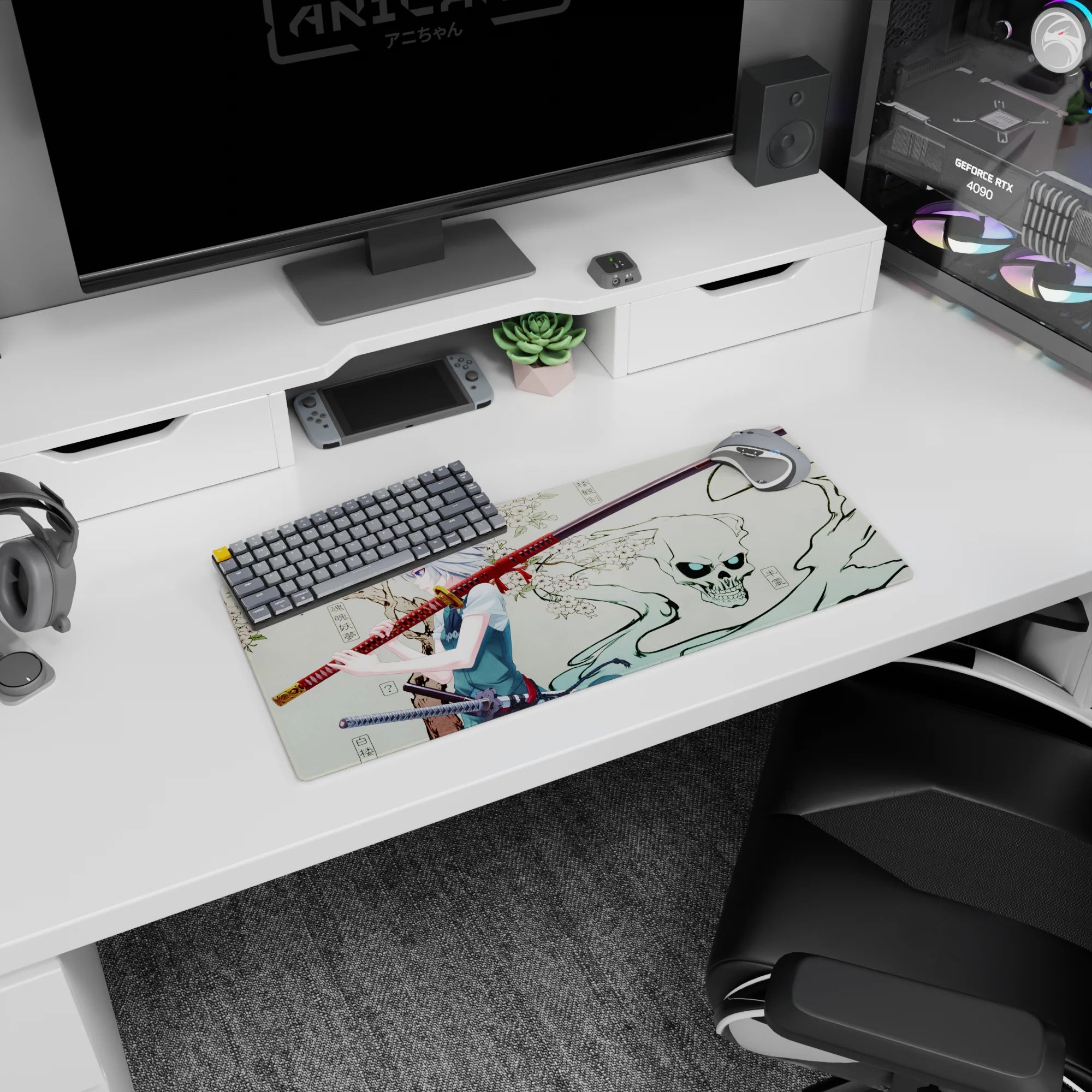 28x12 inches anime girl mouse pad showing blue-eyed katana guardian under blossoms, skull aura swirling.