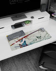 28x12 inches anime girl mouse pad showing blue-eyed katana guardian under blossoms, skull aura swirling.