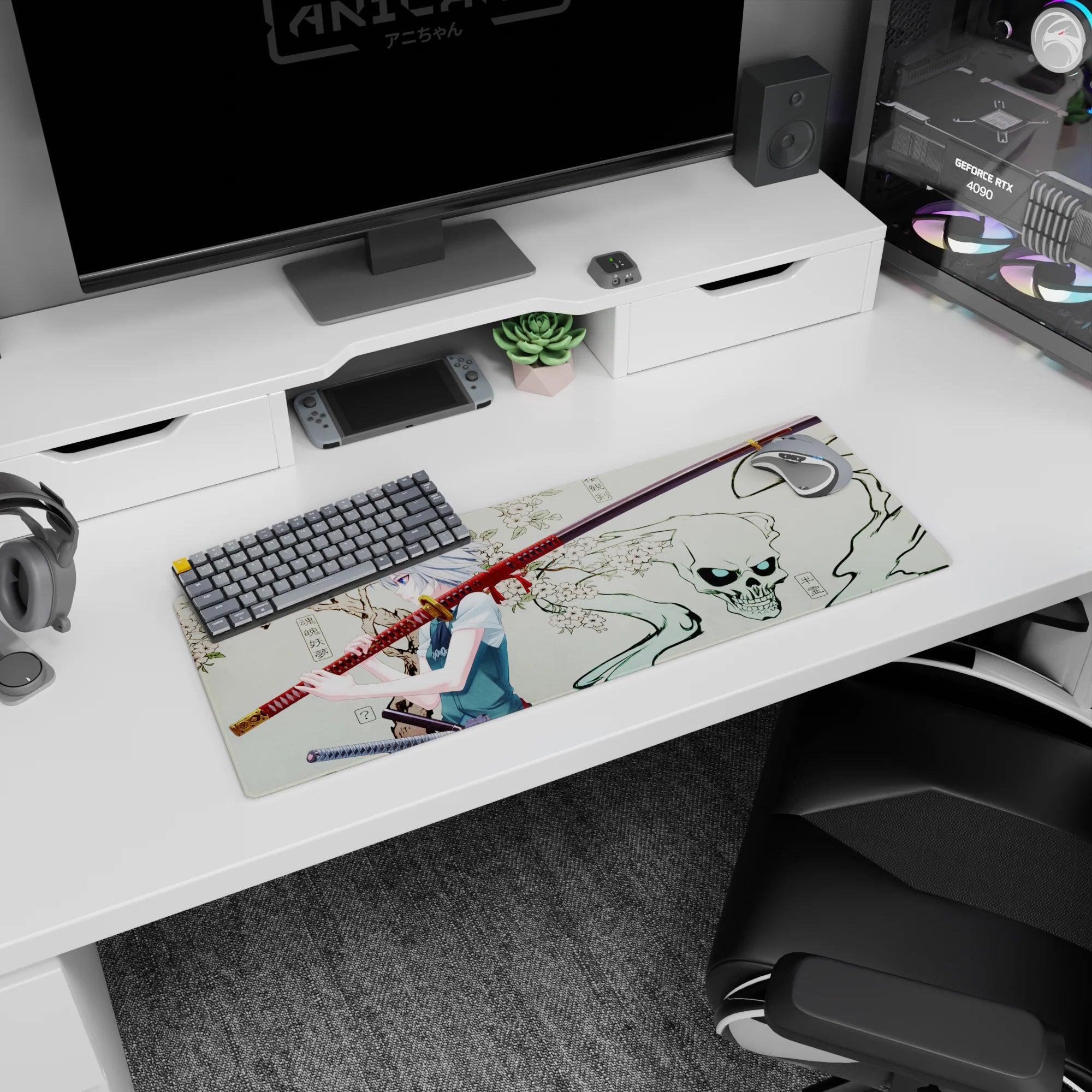 32x12 inches extended mouse pad showing blue-eyed katana girl under blossoms as smoky skull spirit curls behind.