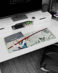 32x12 inches extended mouse pad showing blue-eyed katana girl under blossoms as smoky skull spirit curls behind.