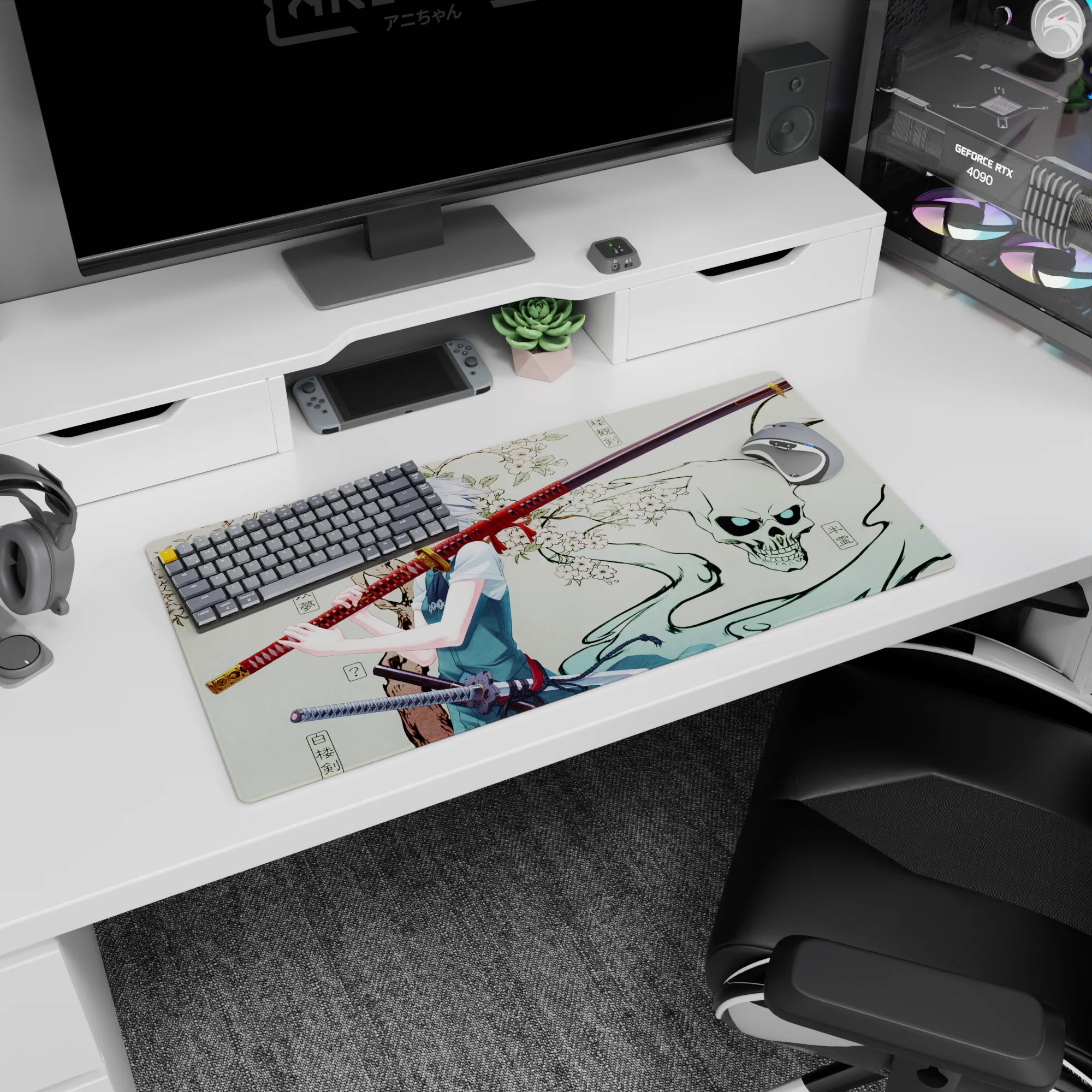 32x16 inches anime girl mouse pad showing pale-haired samurai girl with red-wrapped katana and smoky skull.