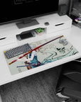 32x16 inches anime girl mouse pad showing pale-haired samurai girl with red-wrapped katana and smoky skull.