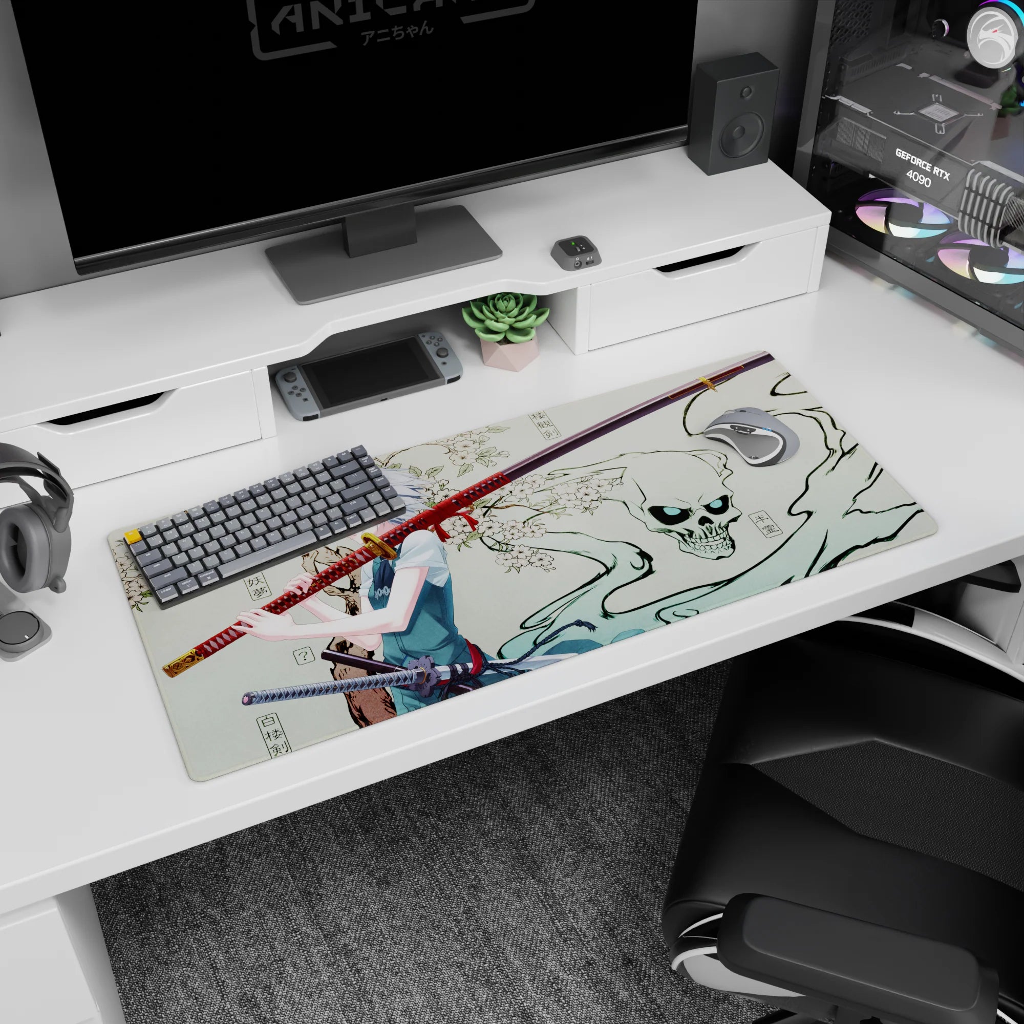 Silver-haired anime swordswoman on 36x16 inches desk pad, red-wrapped katana under blossoms with smoky skull.