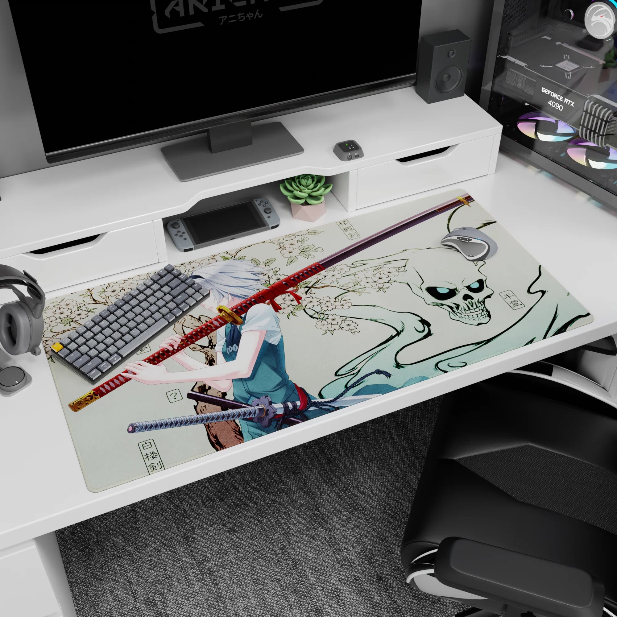 40x20 inches anime girl desk pad showing blue-eyed silver-haired warrior under blossoms with smoky skull aura.