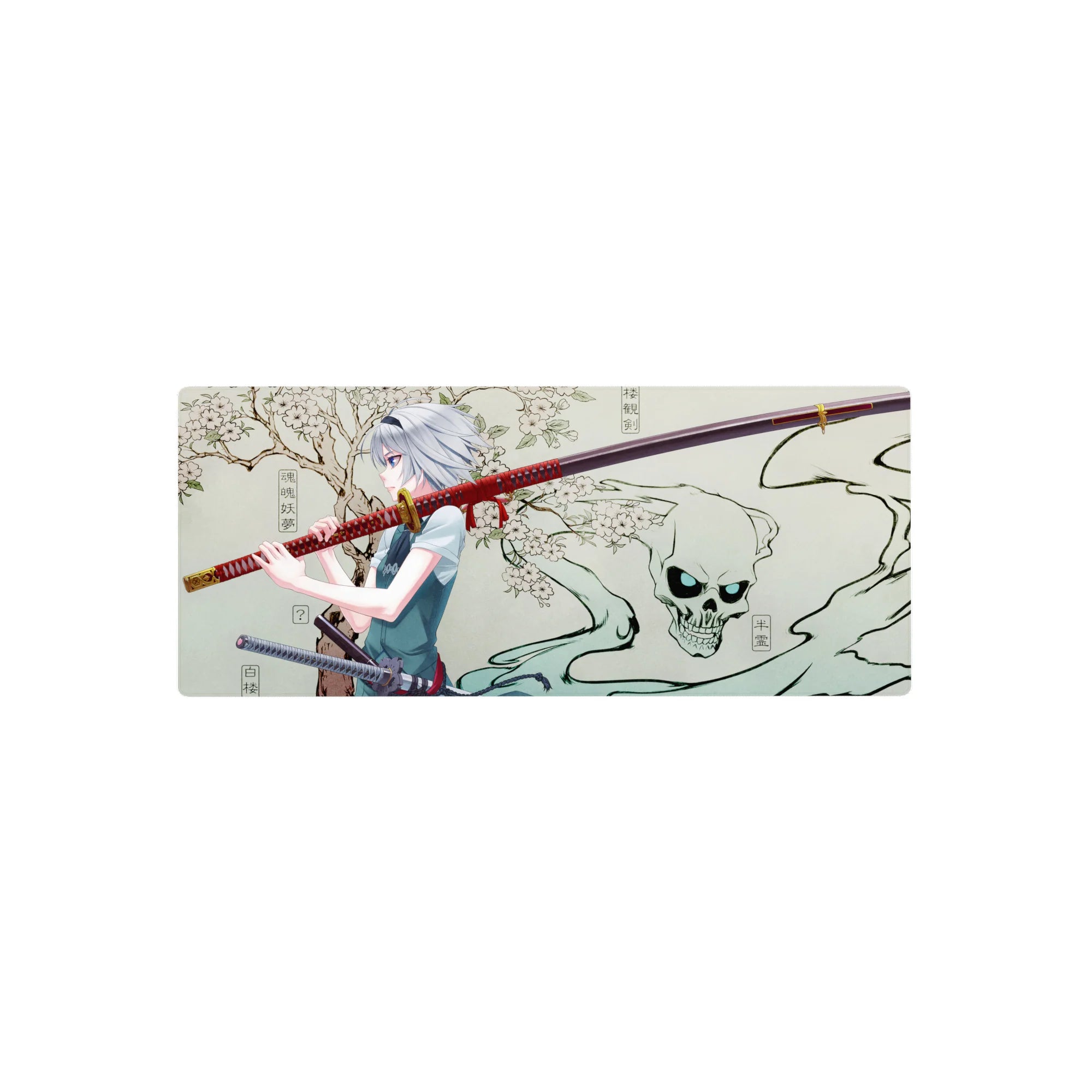 Anime girl mouse pad 28x12 inches with silver-haired swordswoman, cherry blossoms, and skull spirit ink smoke.